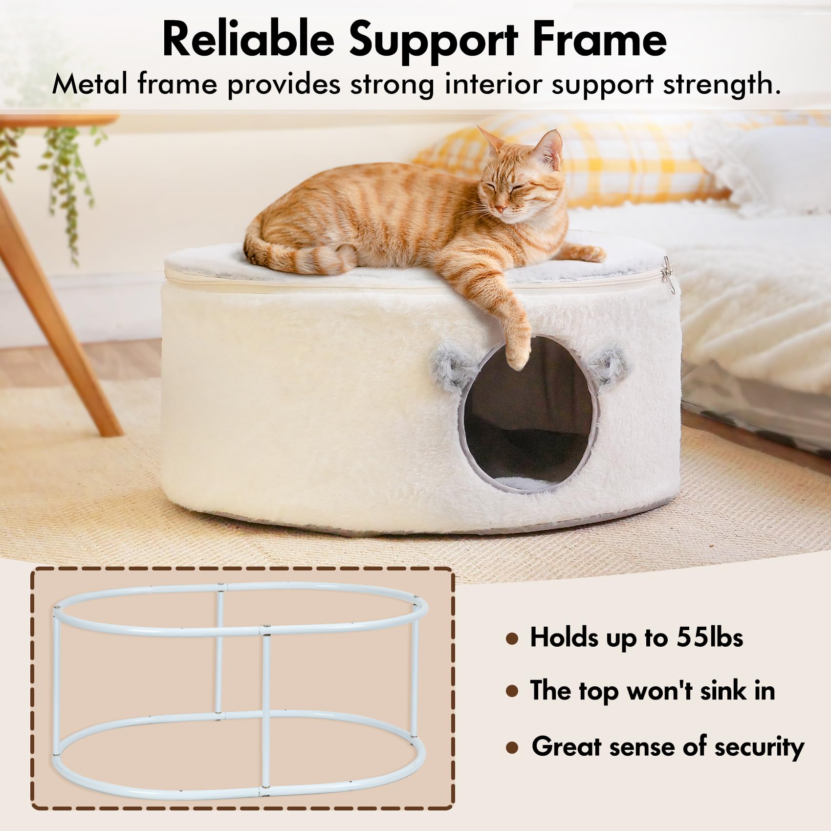 Cozy Fluffy Cat Cave Bed for Indoor Cats - Large Enclosed Cat House with Removable Washable Cover, Perfect for Kittens & Small Dogs | Oval Cat Hideaway for Sleeping & Relaxing in Living Room or Bedroom