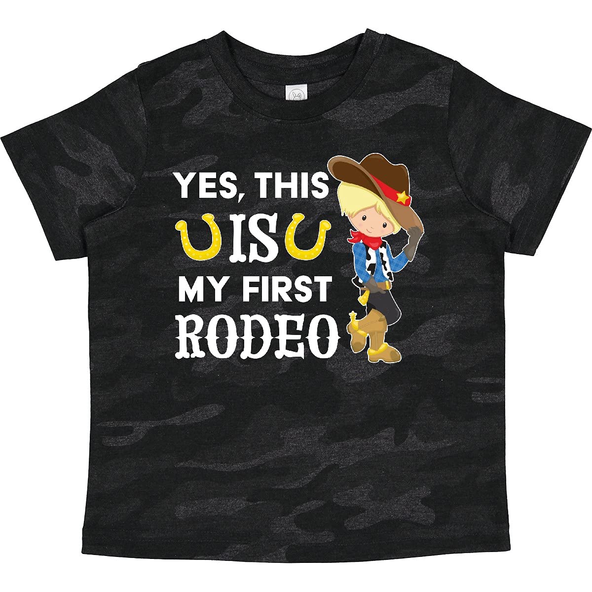Inktastic 'Yes, This is My First Rodeo' Cowboy Print Toddler T-Shirt - Cute Western Outfit for Boys & Girls - Perfect for Rodeo Events, Cowboy Parties & Western Theme Photos