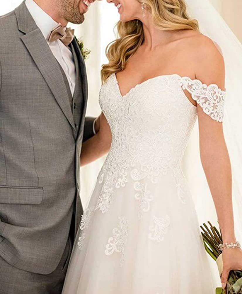 Snow Lotus Women's Off Shoulder Wedding Dress - Elegant Lace Applique A-Line Bridal Gown for Bride, Beach Wedding, Church Ceremony & Romantic Photoshoot
