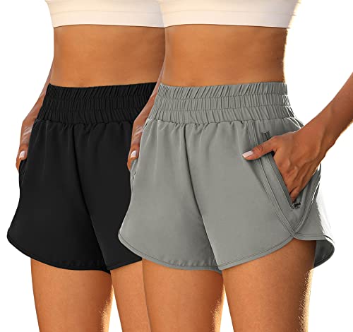 Fengbay 2 Pack Women's High Waisted Running Shorts with Pockets - Quick Dry Athletic Workout Shorts for Yoga, Gym & Outdoor Sports