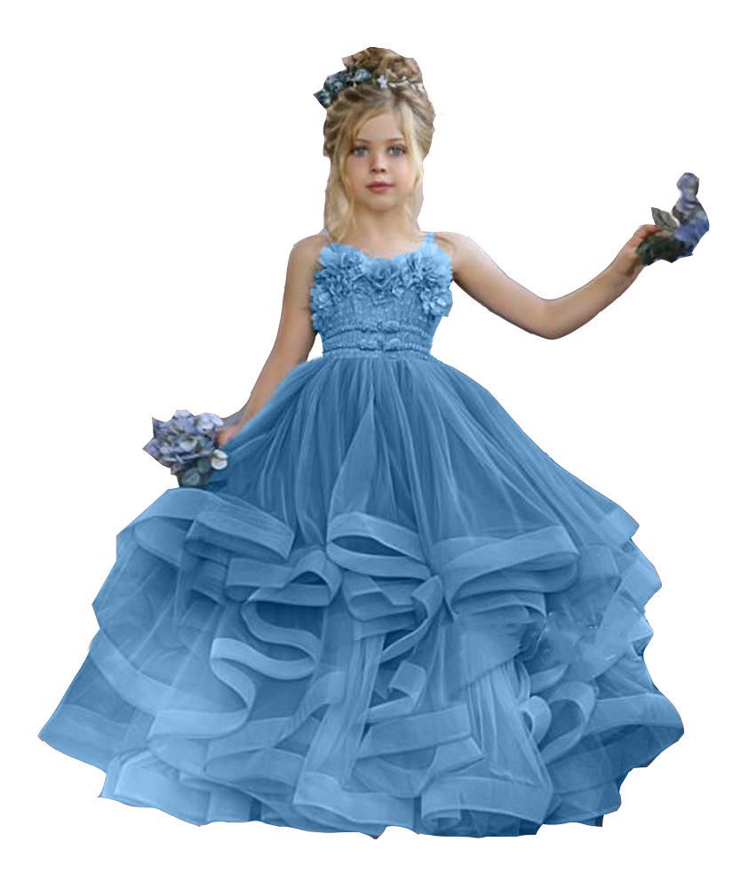 Honeydress Girls' Spaghetti Strap Lace Floral Applique Tiered A-Line Pageant Dress - Light Blue Birthday Party Gown for Kids | Perfect for Pageants, Weddings & Special Occasions