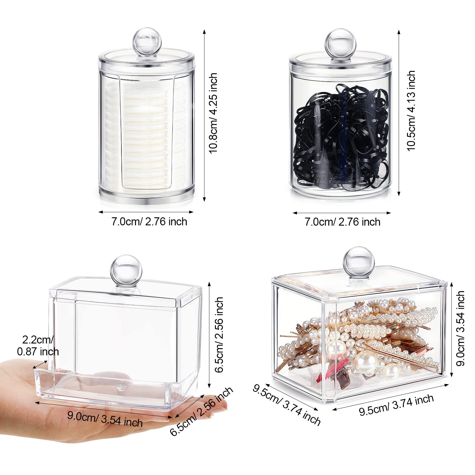 4-Piece Cotton Swab Holder Dispenser Set - Plastic Apothecary Jars with Lids for Bathroom Organization, Floss Picks & Makeup Storage - Perfect for Vanity Countertops, Medicine Cabinets and Spa-Style Decor