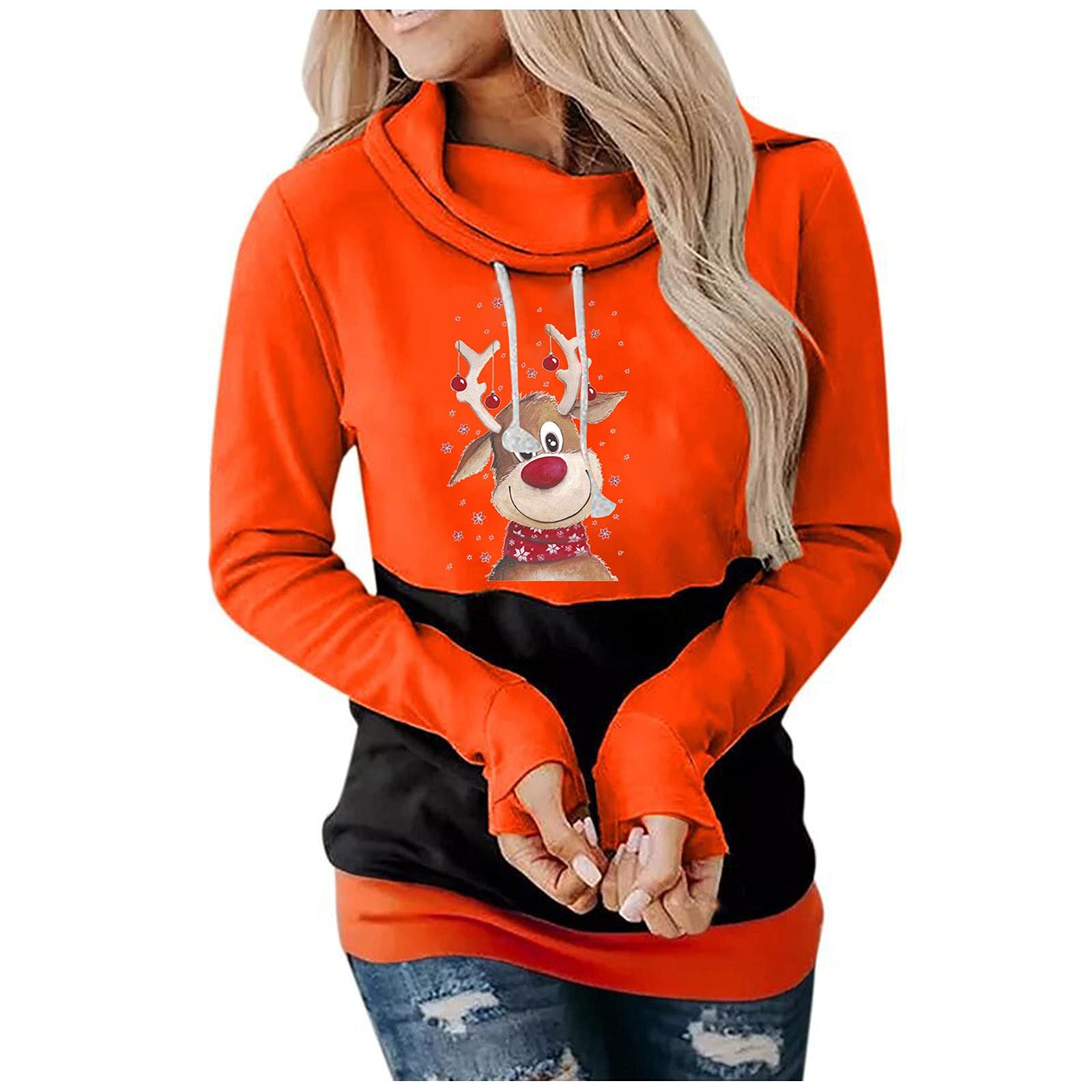 Women's Christmas Cute Graphic Hoodie - Cozy Pullover Sweatshirt with Funnel Neck & Drawstring - Long Sleeve Casual Winter Top for Holiday Parties & Family Gatherings
