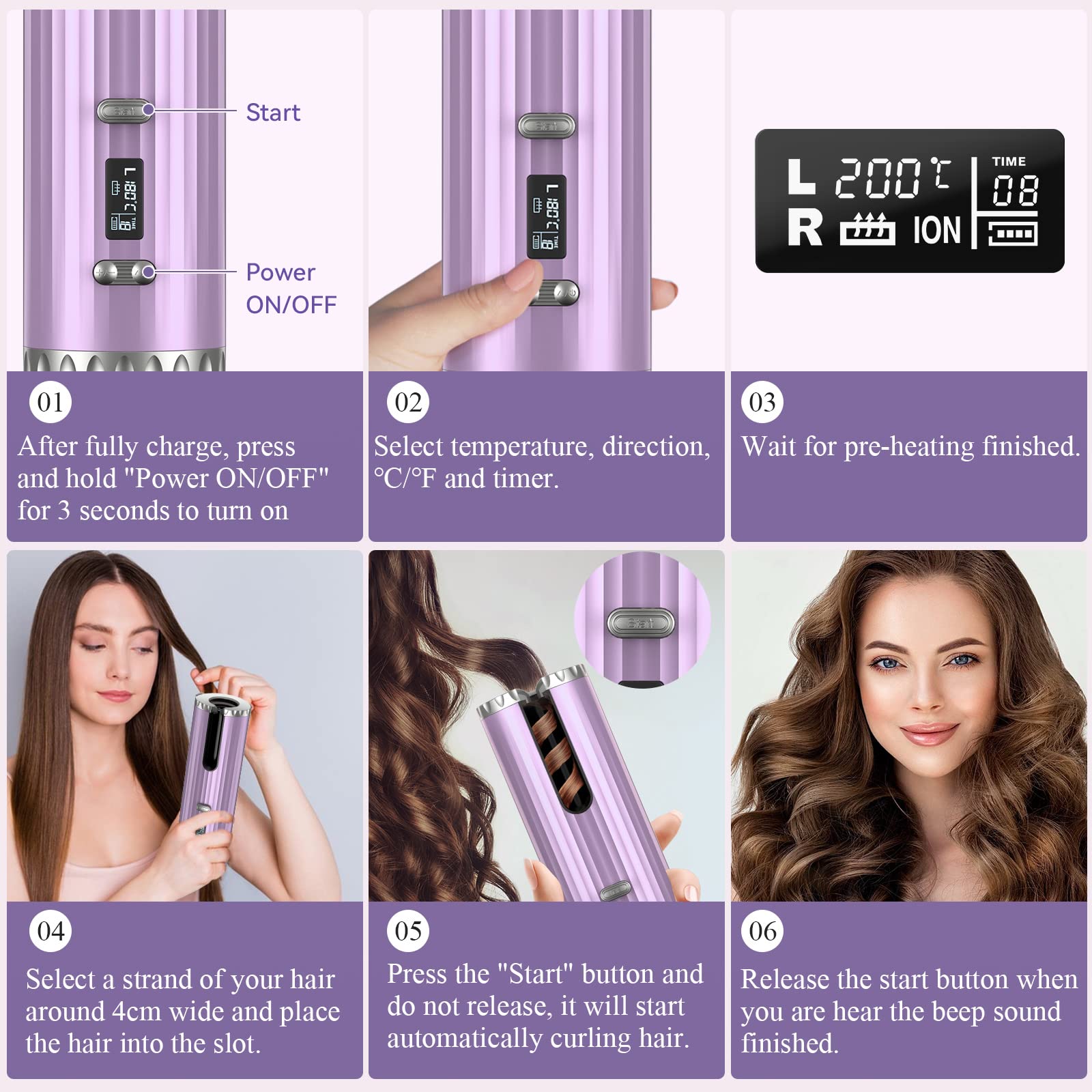 Cordless Curling Iron - Automatic Hair Curler with LCD Temperature Display & Timer, 6 Adjustable Heat Settings, Fast Heating Ceramic Barrel, USB Rechargeable for Wavy Curls | Perfect for Travel, Home Use & Salon Styling