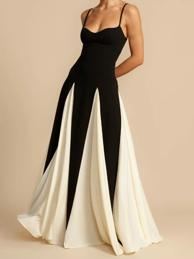 Elegant Women's Contrast Color Spaghetti Strap Backless A-Line Long Dress - Gauze Evening Gown for Party, Wedding, Cocktail & Special Occasions