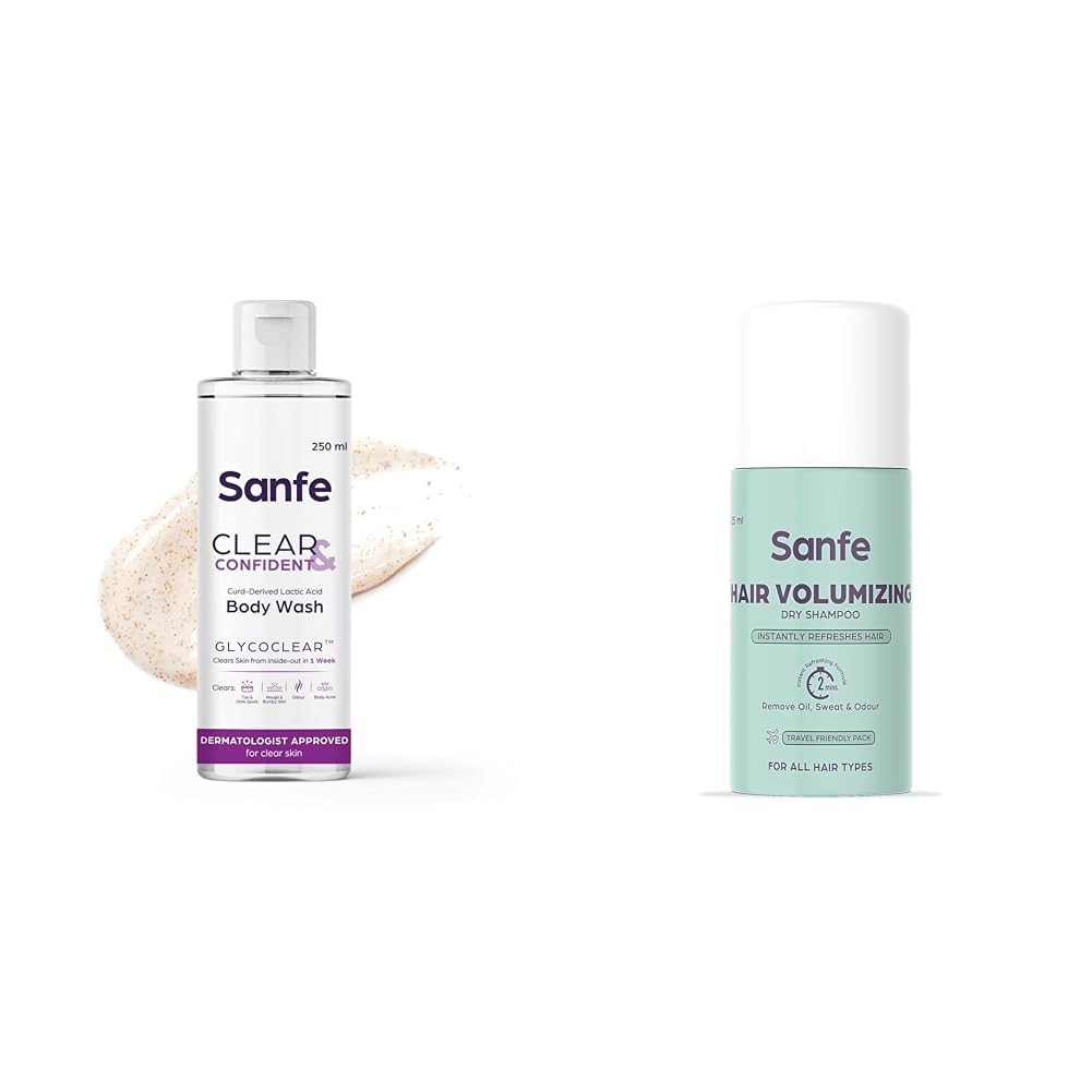 Sanfe Glycolic Acid Body Wash & Volumizing Dry Shampoo - 25ml | Instantly Refreshes, Adds Volume, No Residue | Perfect for Travel, Gym & On-the-Go Hair Care