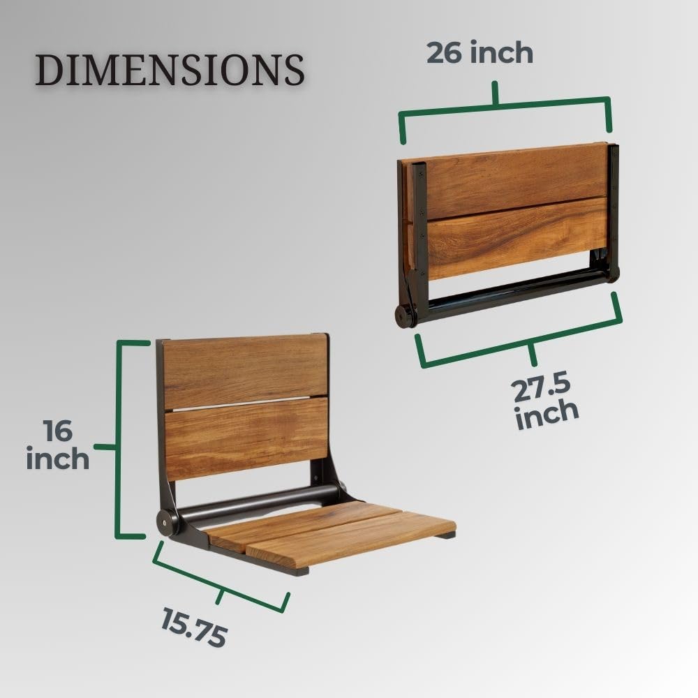 Premium Teak Shower Seat with Backrest - ADA Compliant Folding Wall Mount Bath Bench for Elderly, Disabled & Bariatric Users - 304 Stainless Steel Frame Supports 500 lbs - Oil Rubbed Bronze Finish (26