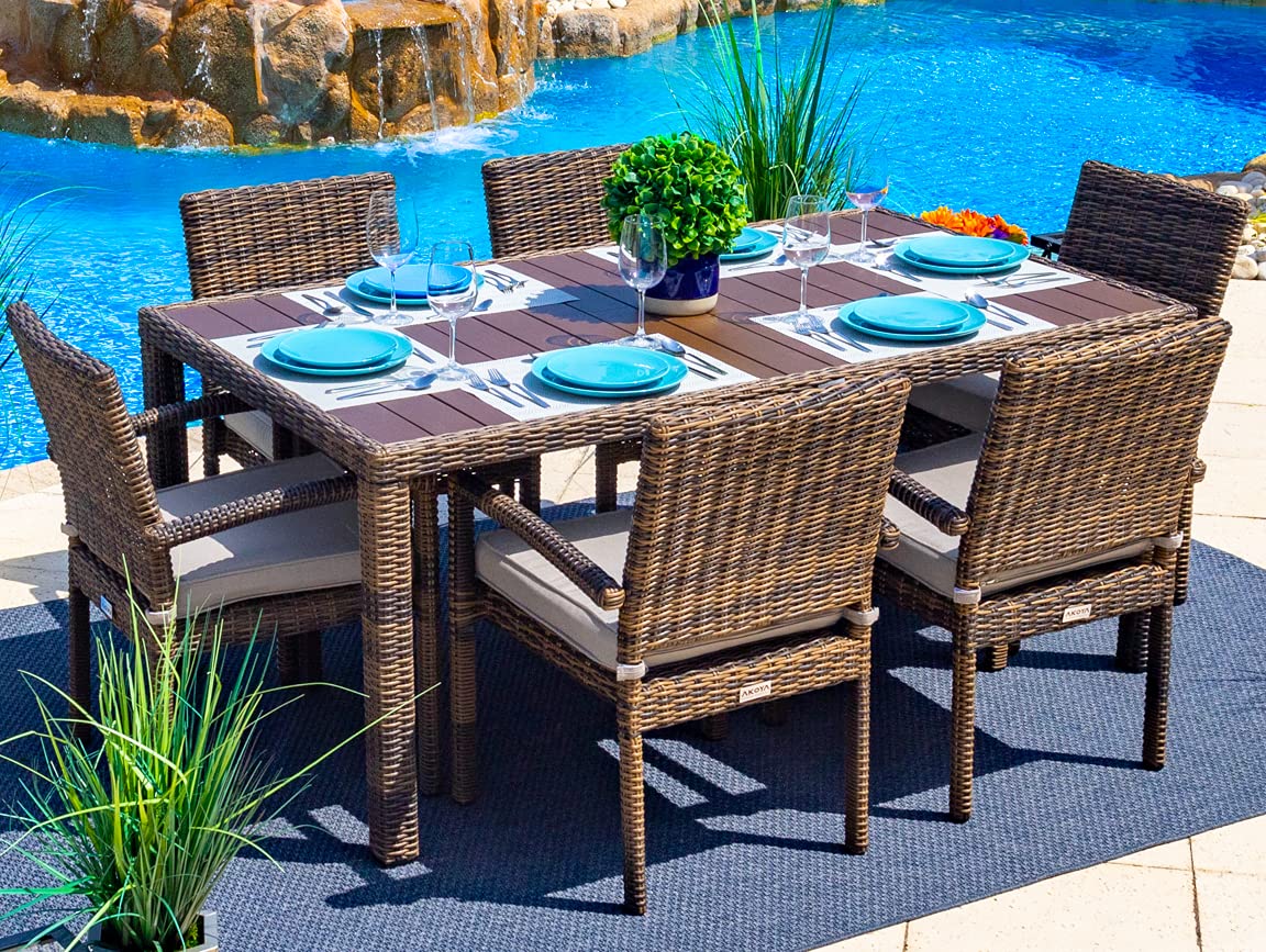 Premium 16-Piece Brown & Light Gray Resin Wicker Patio Furniture Set - AKOYA Outdoor Essentials Tuscany Collection for Garden, Poolside & Backyard Relaxation