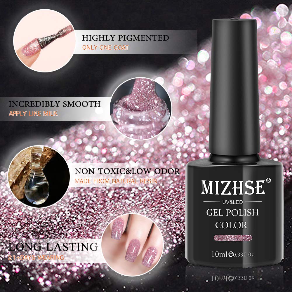 MIZHSE Diamond Gel Nail Polish - Reflective Glitter Pink Soak Off LED Gel Polish for Manicure | Sparkly Shiny Shimmer Nail Art Varnish | DIY at Home for Beginners | Perfect for Parties, Weddings & Special Occasions