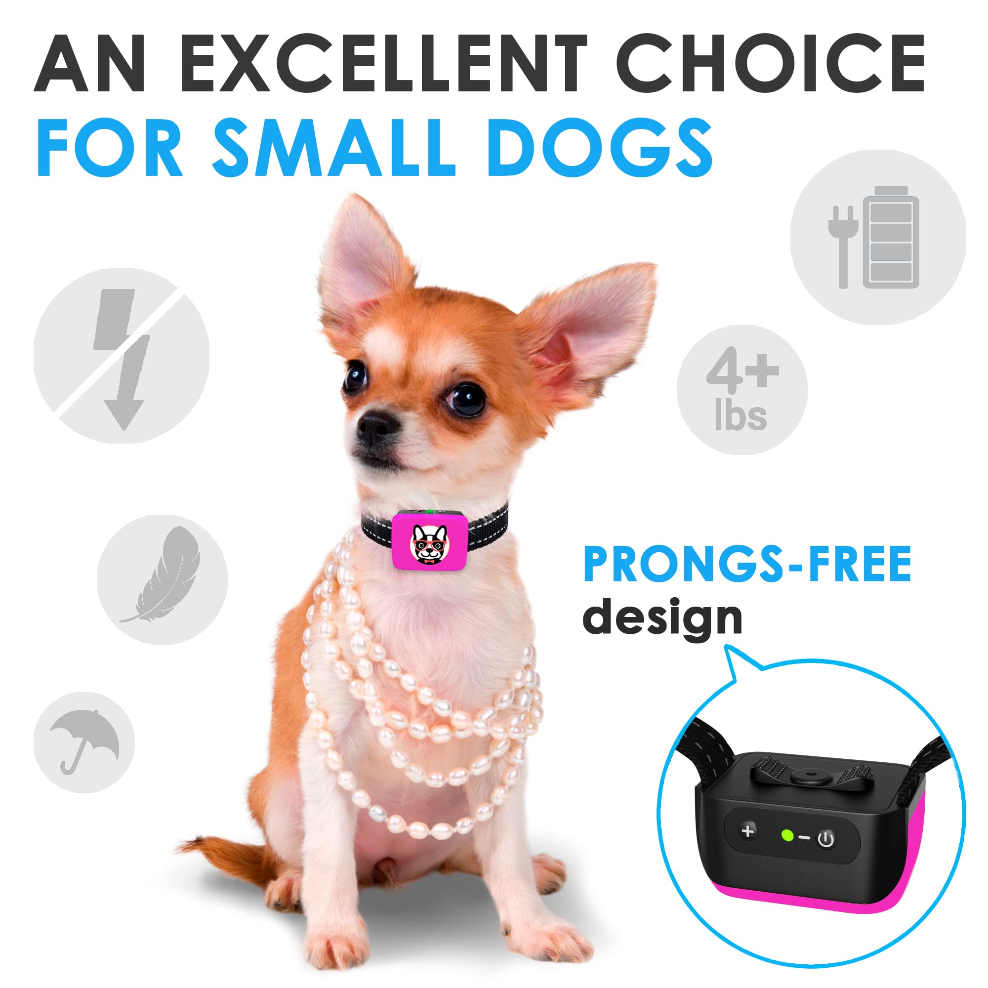 Rechargeable Small Dog Bark Collar for Dogs 5-15lbs - Humane No Shock Anti-Barking Training Collar - Lightweight Pet Bark Control Device (Pink) - Perfect for Indoor Use, Apartment Living & Noise-Sensitive Environments