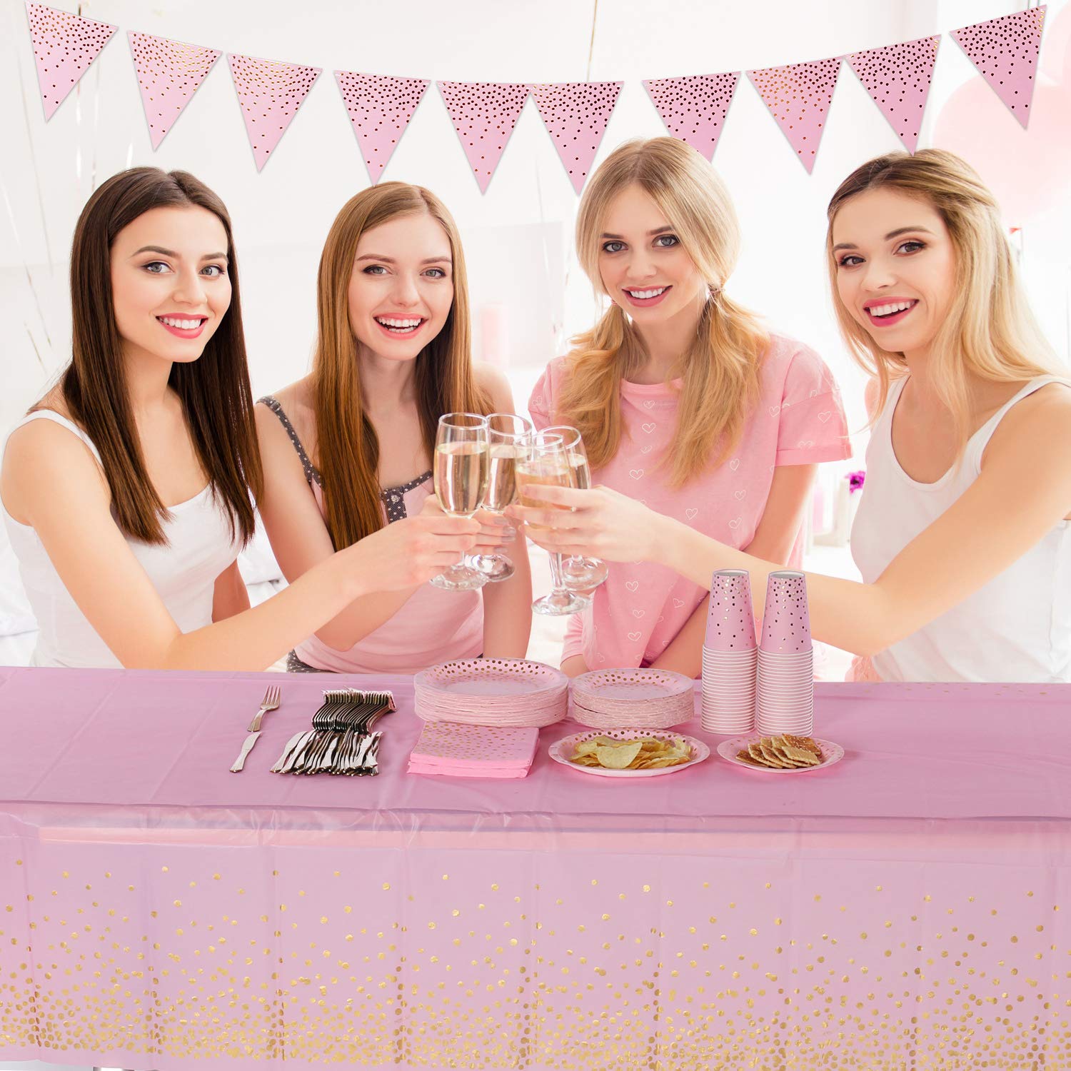 Elegant Pink & Gold Party Supplies Set - 150PCS Golden Dot Paper Dinnerware Includes Plates, Napkins, Cutlery & 12oz Cups with Banner - Perfect for Bachelorette Parties, Girls Birthday Celebrations & Baby Showers (Serves 25 Guests) - Ideal for Bridal Showers, Gender Reveals & Elegant Themed Events