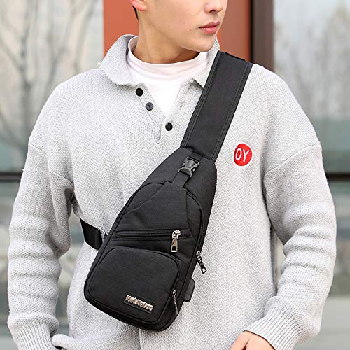Men's Urban Travel Shoulder Backpack - Oxford Small Crossbody Sling Bag with USB Charging Port for Outdoor, Commuting & Daily Use - Black