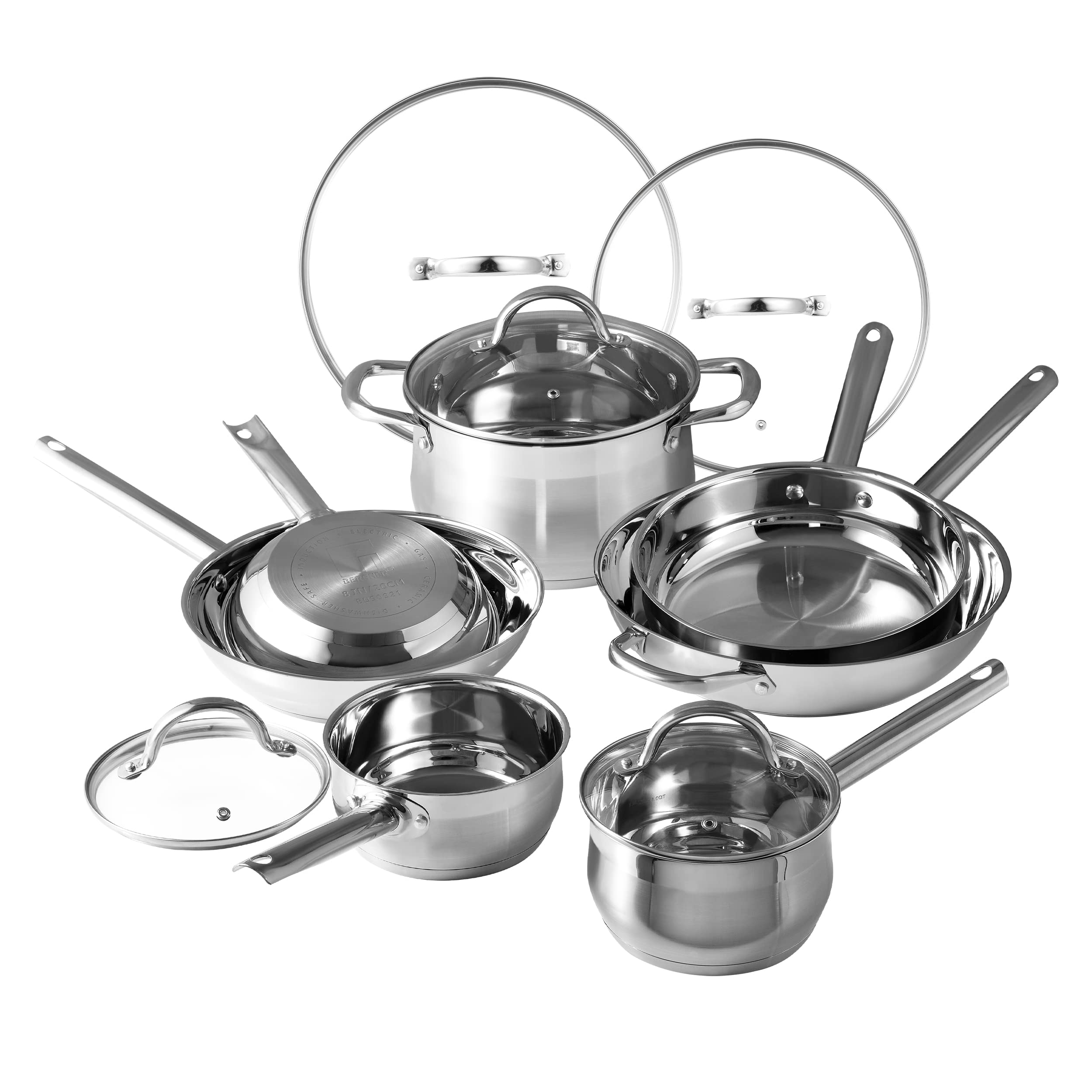 Bergner 12-Piece Stainless Steel Cookware Set - 8”, 10”, 12” Fry Pans, 1.3QT & 2QT Saucepans with Lids, 2.5QT Sauce Pan, 5QT Dutch Oven - Professional Kitchen Cookware for Home Chefs & Cooking Enthusiasts - Perfect for Sautéing, Frying, Boiling & Stewing