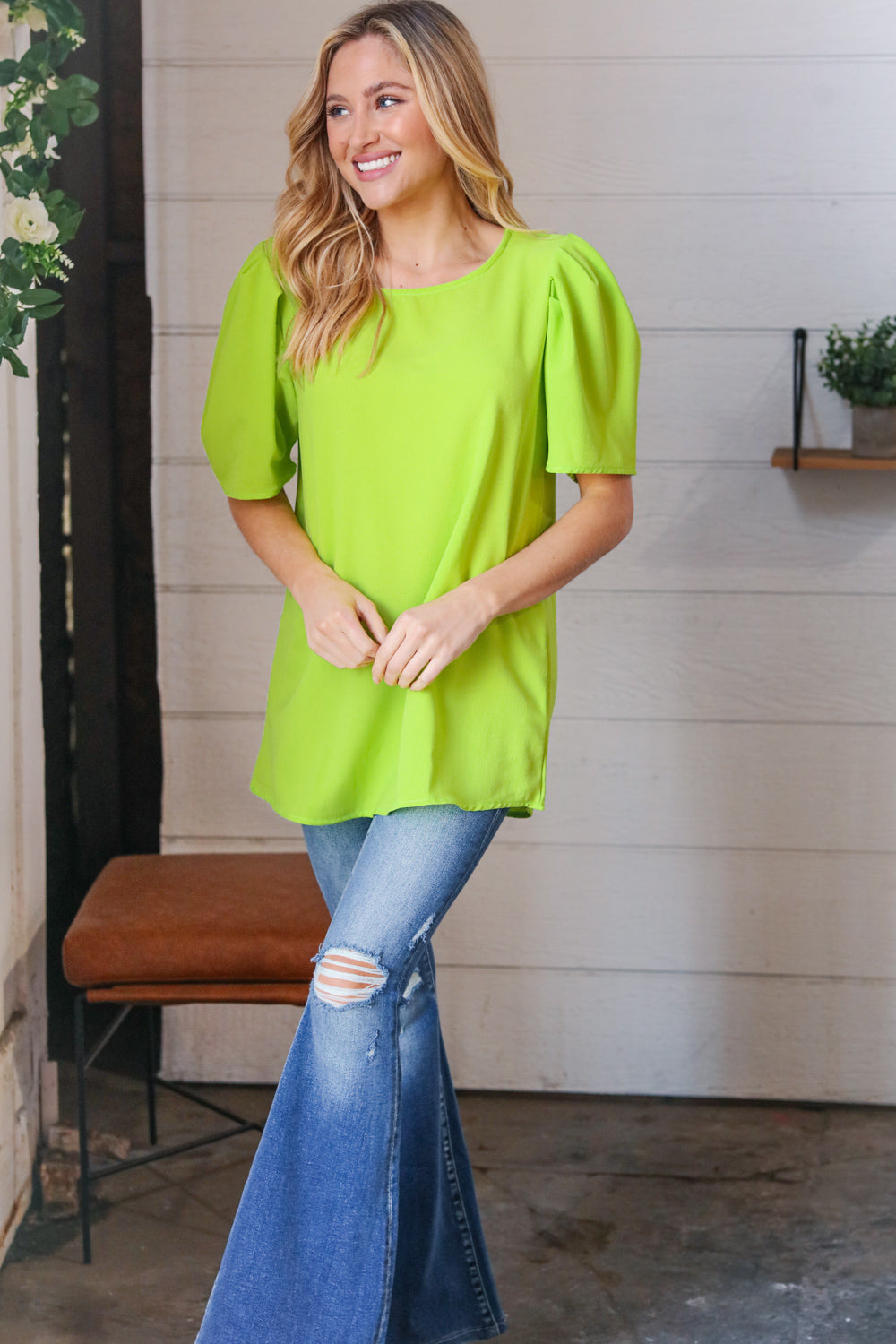 Stylish Neon Green Round Neck Puff Sleeve Crepe Blouse for Women | Trendy Casual & Party Wear | Perfect for Date Nights, Office Outfits & Summer Fashion