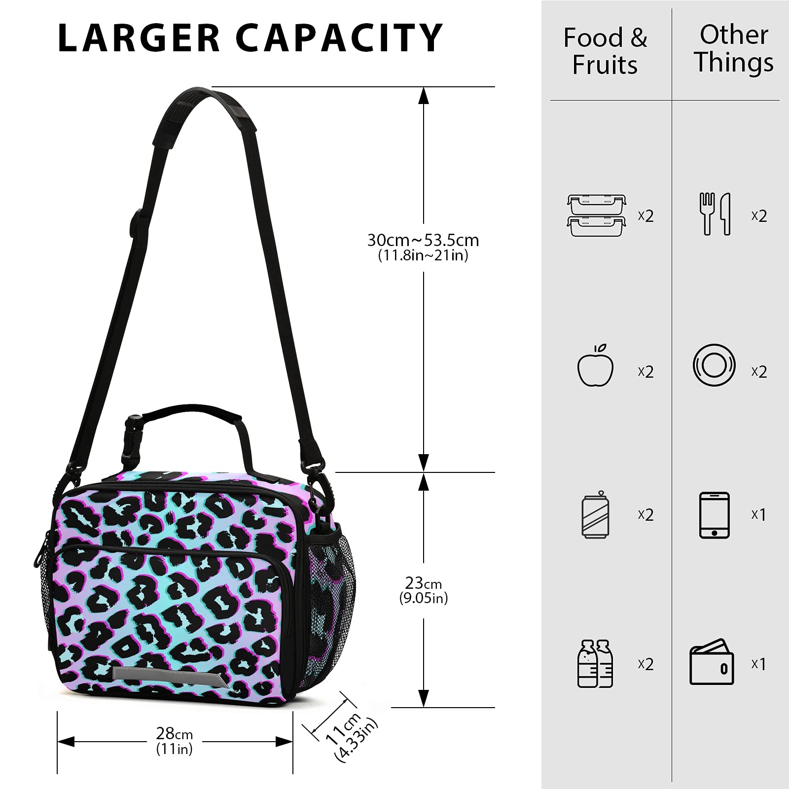 Insulated Lunch Bags for Kids - Leopard & Rainbow Print Thermal Cooler Box with Shoulder Strap - Water-Resistant School Lunch Box for Boys & Girls - Perfect for School, Picnics & Outdoor Activities