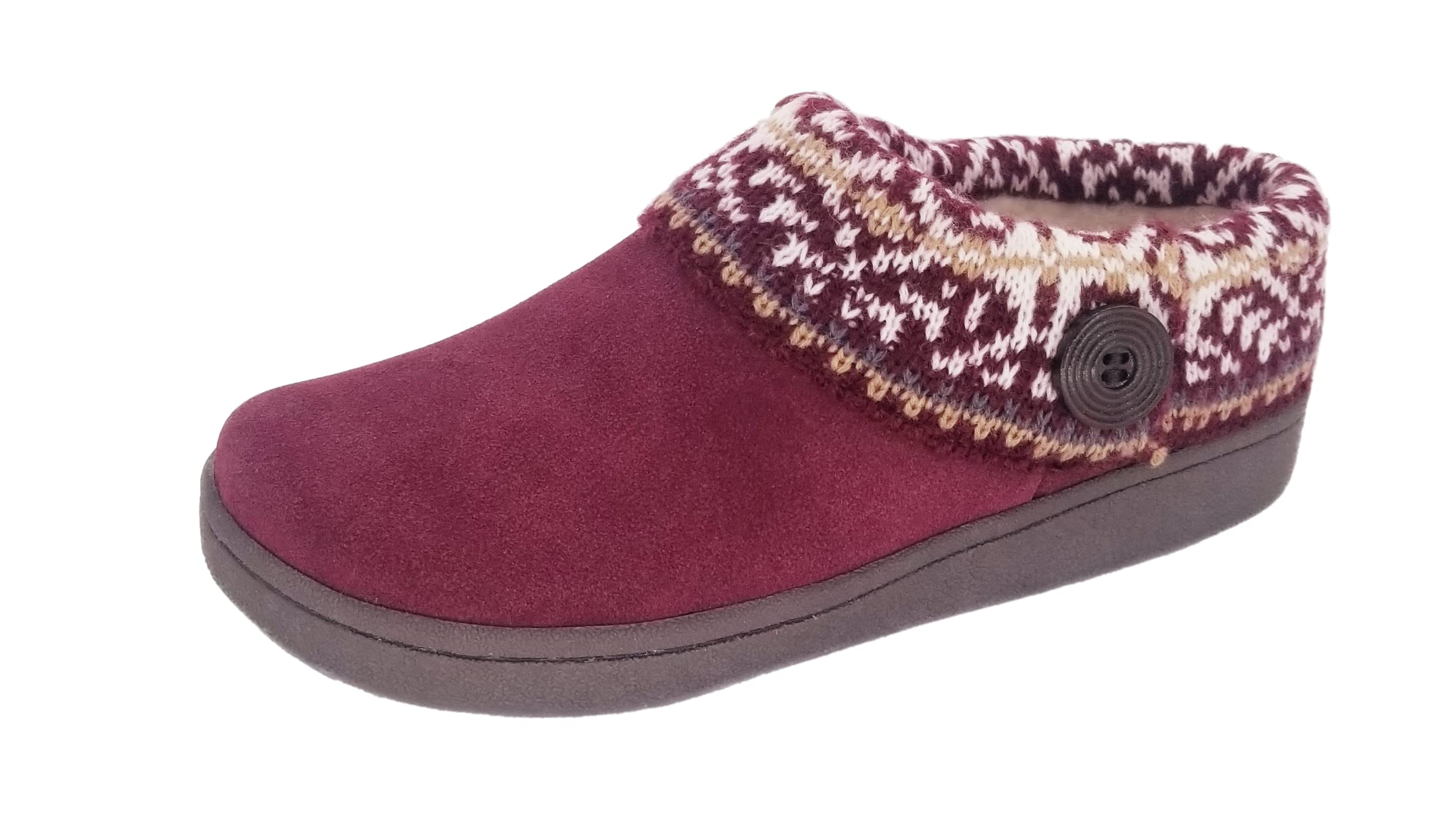Clarks Women's Suede Leather Comfort Clogs with Knitted Collar & Plush Faux Fur Trim - Indoor Outdoor House Slippers for Women (Fairisle Burgundy, Size 6M) - Cozy Home Wear, Lounge Slippers for Relaxing & Errands