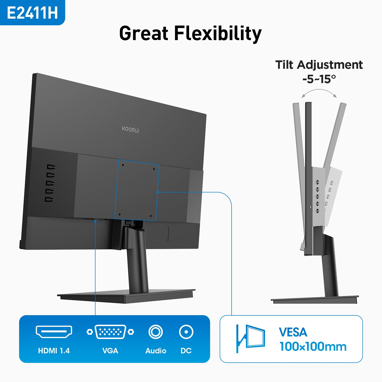 KOORUI 24-inch Gaming Monitor 120Hz Full HD 1080p IPS Display with Adaptive Sync, Ultra-Thin Bezel, VESA Mount, HDMI & VGA Ports - Perfect for Home Office, Gaming, and Entertainment (E2411H, Black)