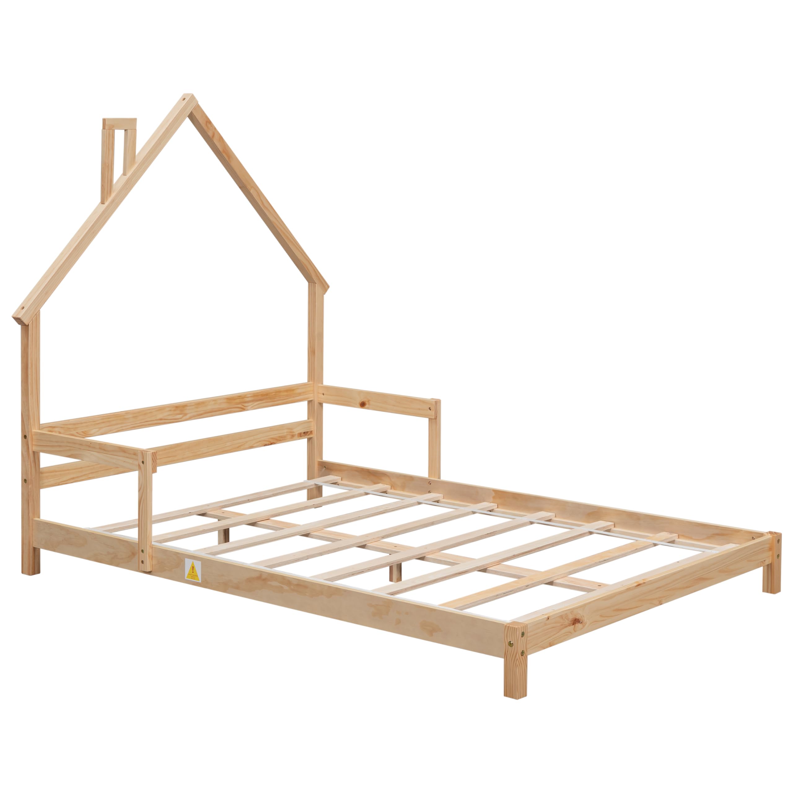 Full Size House-Shaped Kids Bed Frame with Handrails - Low Platform Bed for Boys & Girls, No Box Spring Needed (Natural) - Perfect for Bedrooms, Playrooms & Sleepovers