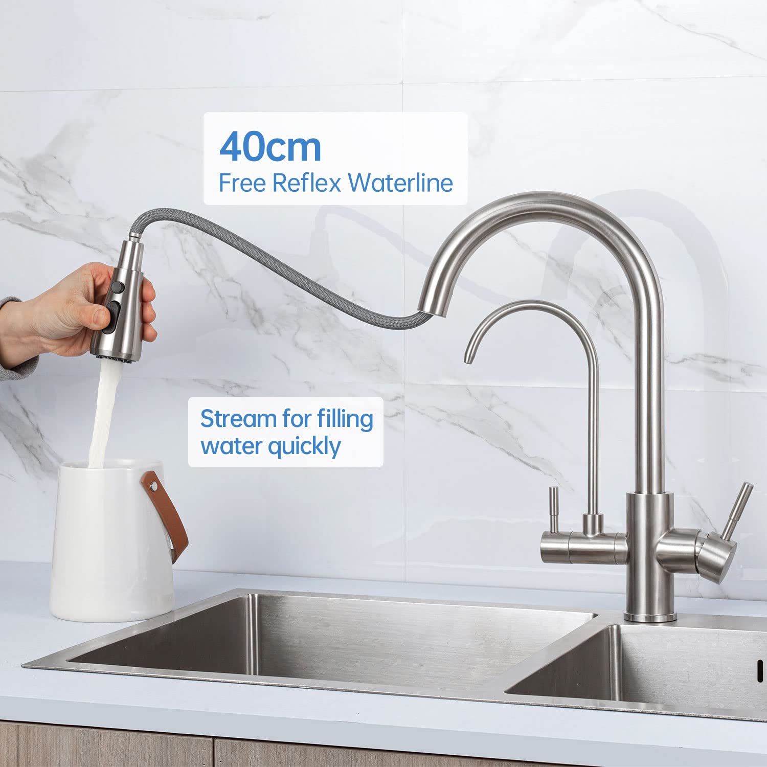 360° Swivel 3-Way Kitchen Faucet with Water Filter & Pull-Out Sprayer, Dual Handle for Hot and Cold Water, Stainless Steel - Perfect for Modern Kitchens and Easy Dishwashing