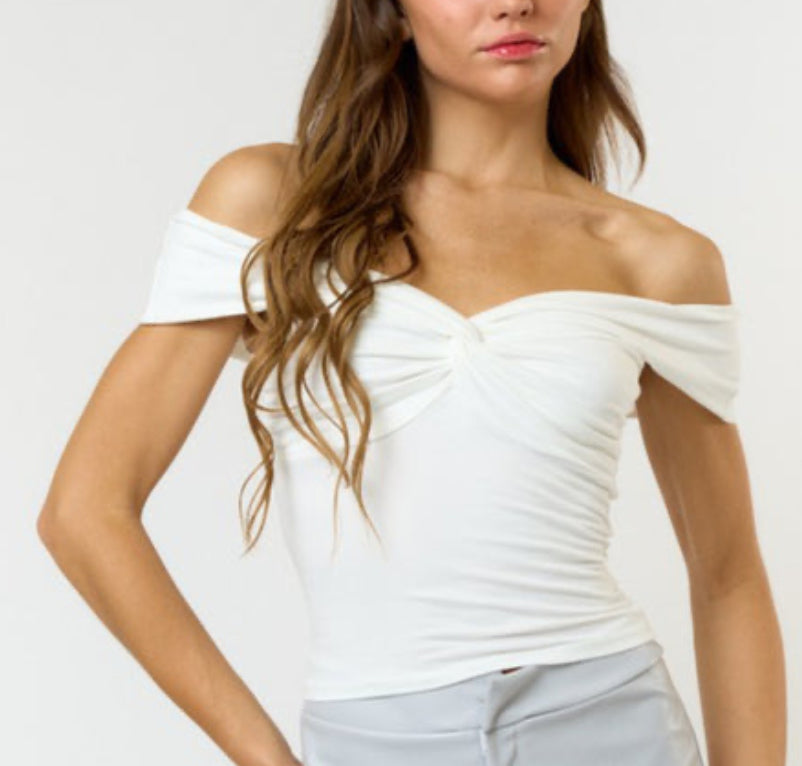 Elegant Twist Off Shoulder Women's Top - Sky Blue & White - Perfect for Summer Outfits, Beach Vacations, and Casual Dates