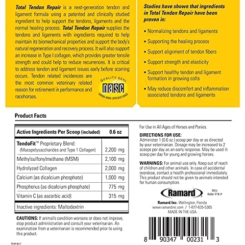 Total Tendon Repair Powder Supplement for Horses – Advanced Formula with Vitamin C, Collagen & MSM for Joint, Ligament & Tendon Support – Promotes Elasticity & Strength – 90 Day Supply – Ideal for Performance Horses & Recovery After Training