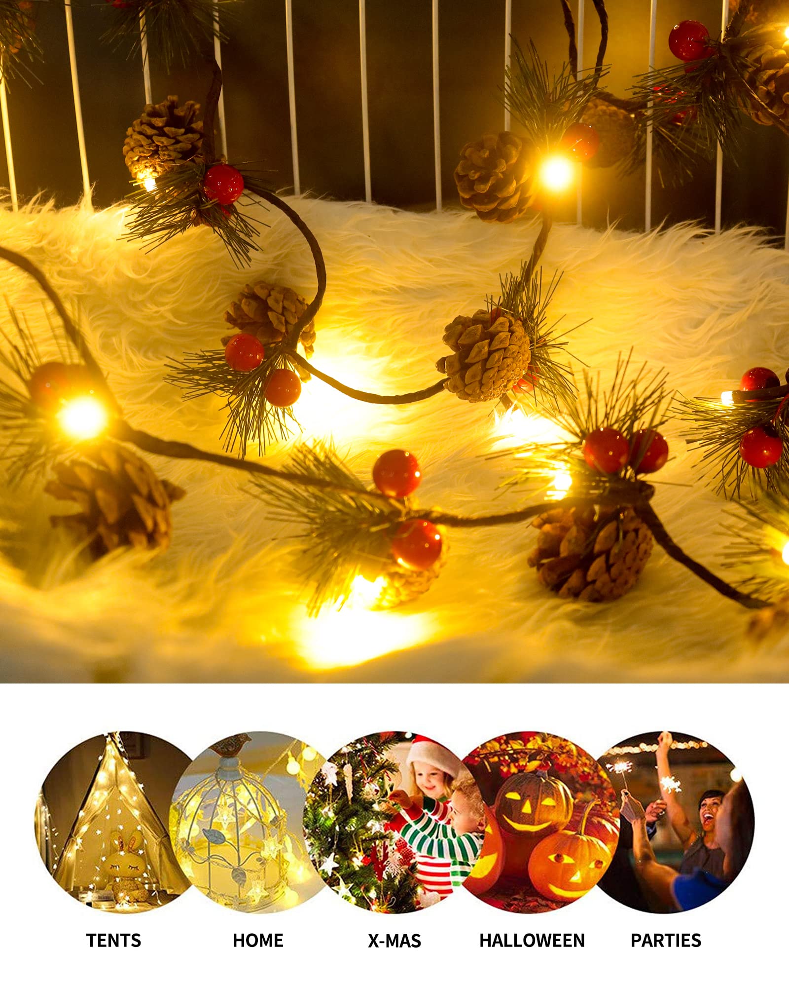 2 PCS Christmas Garland with LED String Lights - 6.6FT Pine Cone & Berry Decor for Indoor Fireplace, Mantel, Staircase, and Holiday Home Decor (20 LED Warm White Lights)