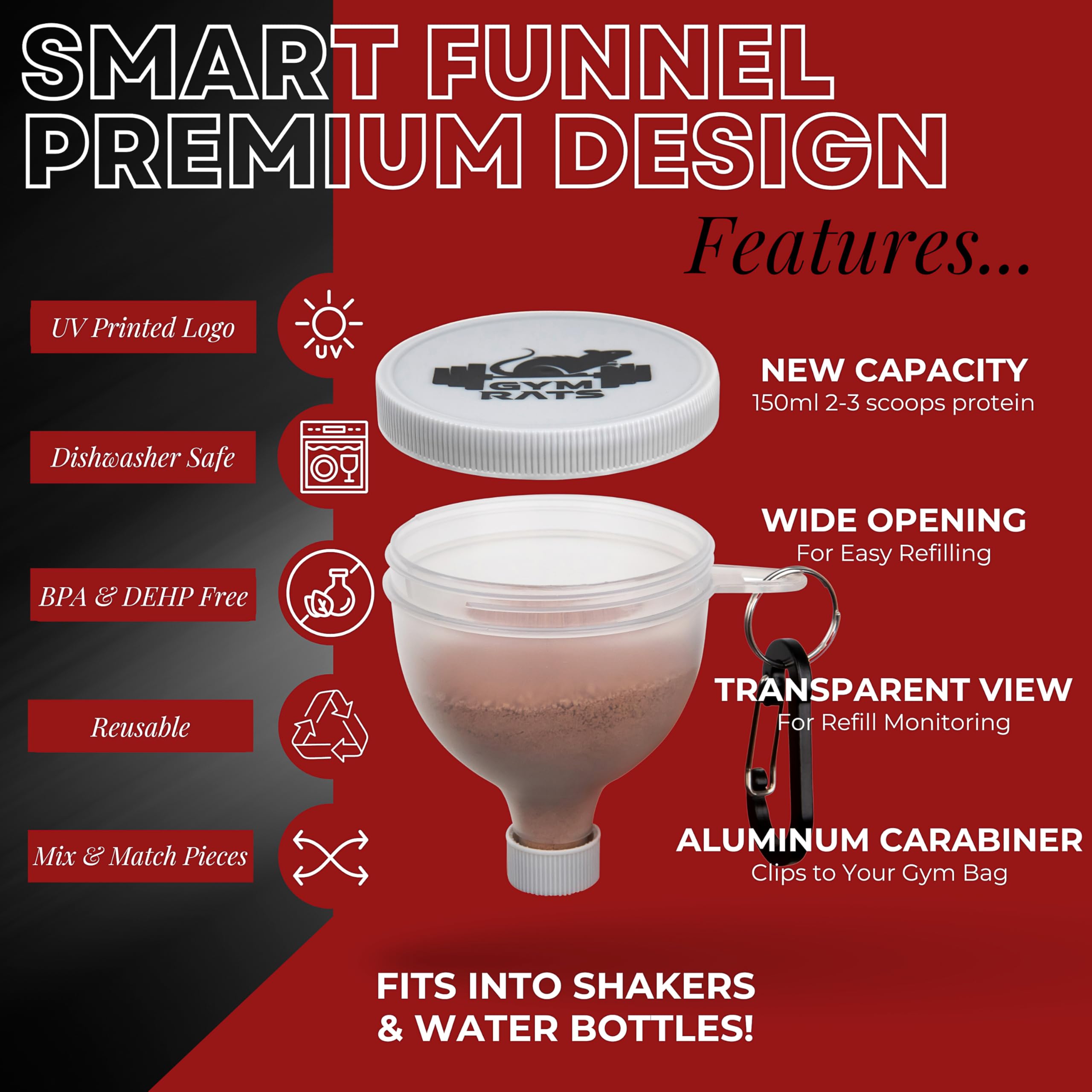 Premium Protein Powder Funnel with Carabiner Clip & Reinforced Lid - 4 Pack (BPA-Free, Fits Standard Water Bottles) - Perfect for Gym, Travel & Meal Prep