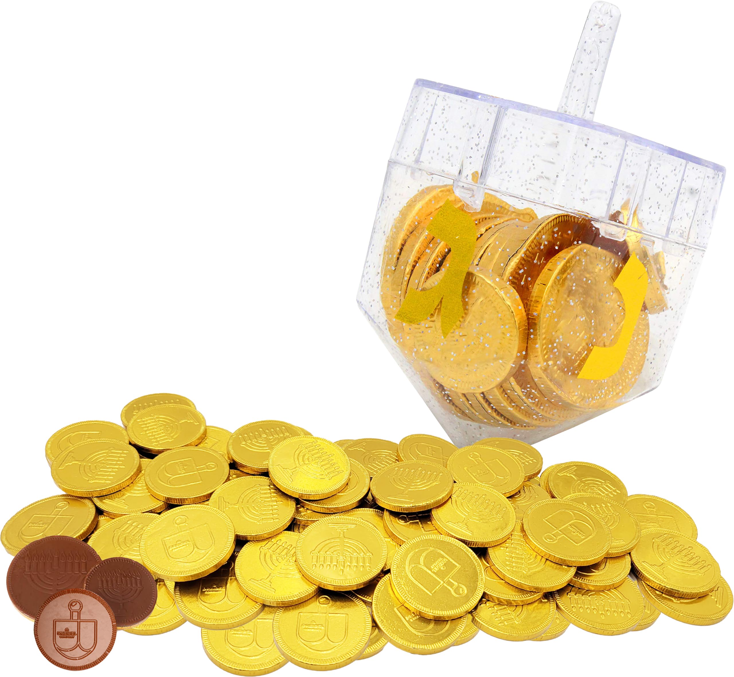 Dreidel Filled with Hanukkah Chocolate Gelt Coins - 10 Belgian Milk Chocolate Half Dollar Coins, Kosher Certified for Hanukkah Celebrations - Perfect for Holiday Gifts, Party Favors, and Jewish Tradition