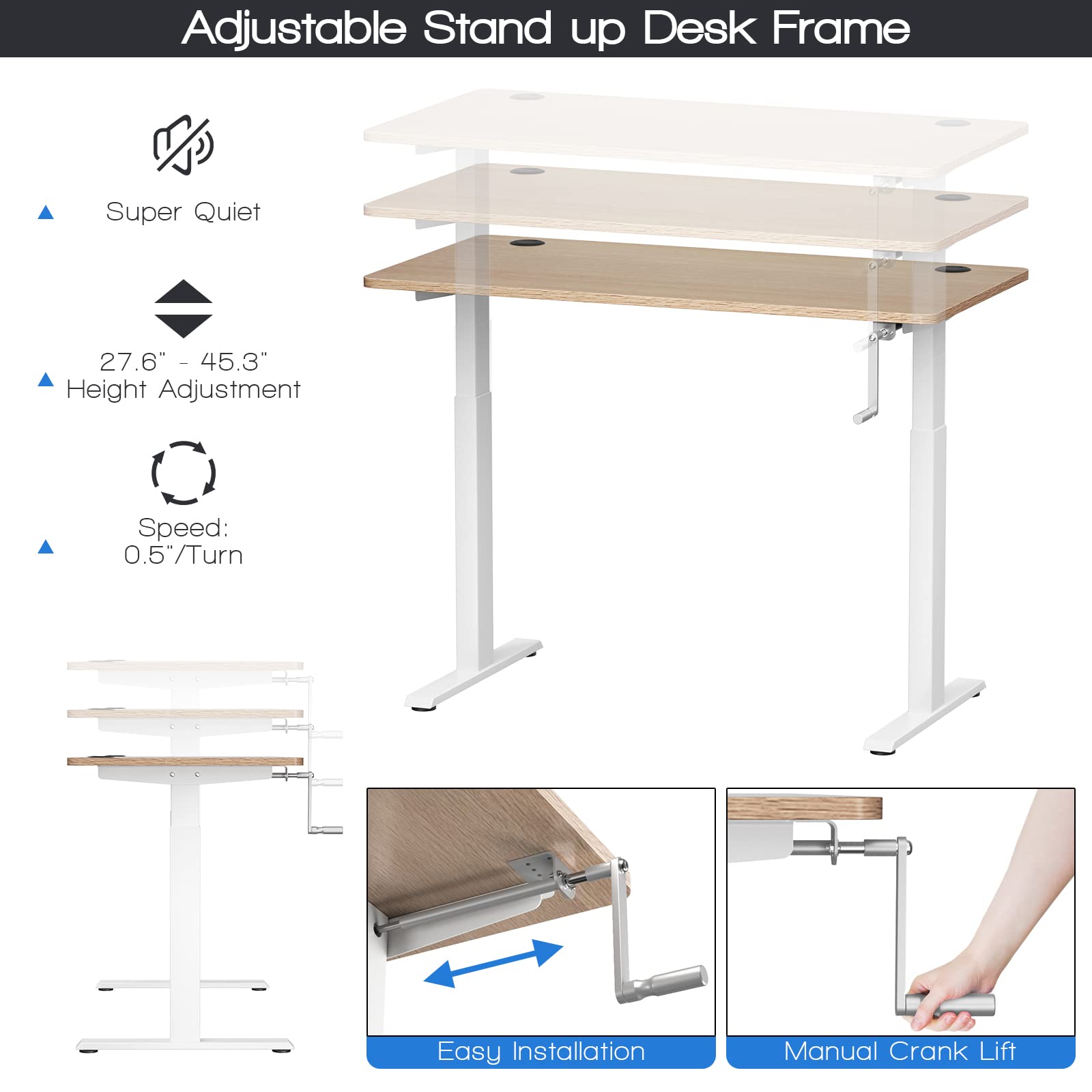COSTWAY Manual Crank Standing Desk Frame - Adjustable Sit to Stand Workstation Base with Ergonomic Foldable Handle, Cable Management & Hook | Home Office, Study, Workspace (White)
