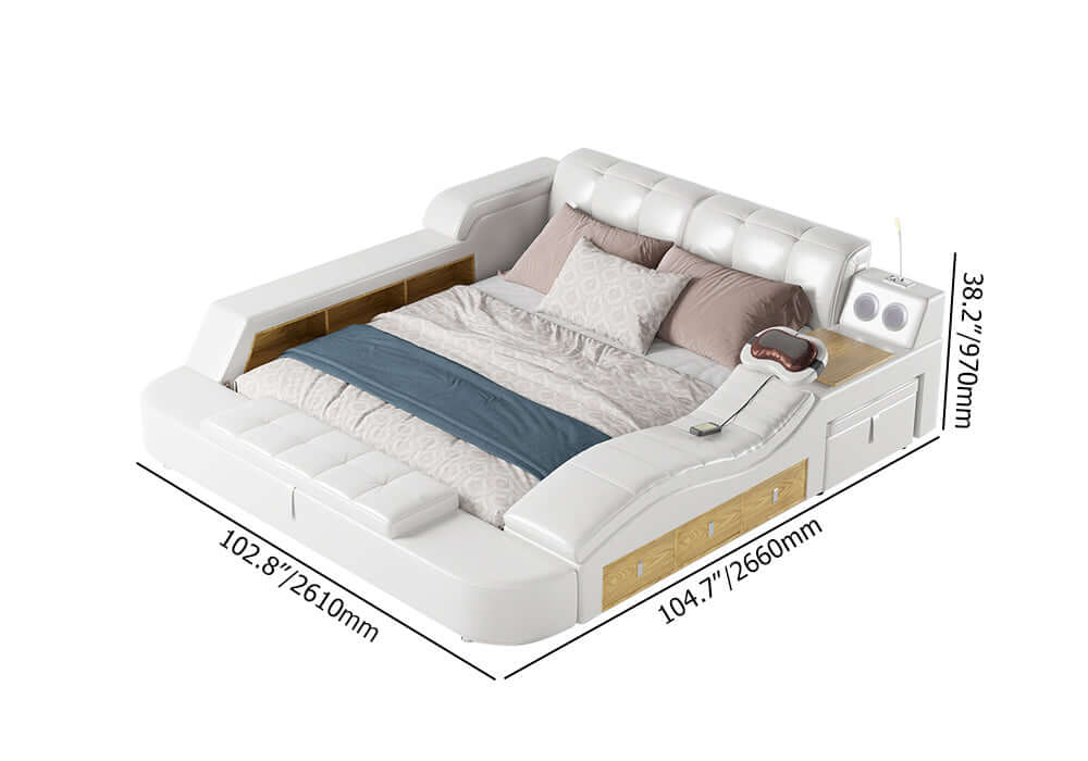 King Size White Smart Bed with Massage & Bluetooth Speaker - Faux Leather Upholstered Adjustable Bed for Ultimate Relaxation | Perfect for Bedroom, Home Theater & Luxury Living Spaces