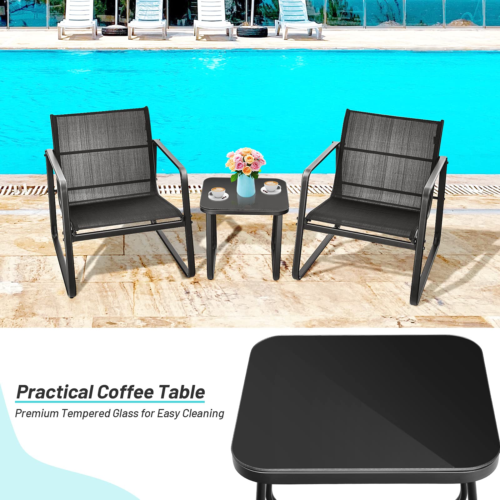 Giantex 3-Piece Patio Bistro Set - Outdoor Dining Furniture with Rustproof Steel Frame, Glass Top Table & 2 Chairs for Garden, Balcony, Deck, Yard - Perfect for Outdoor Entertaining, Relaxing & Dining (Black)