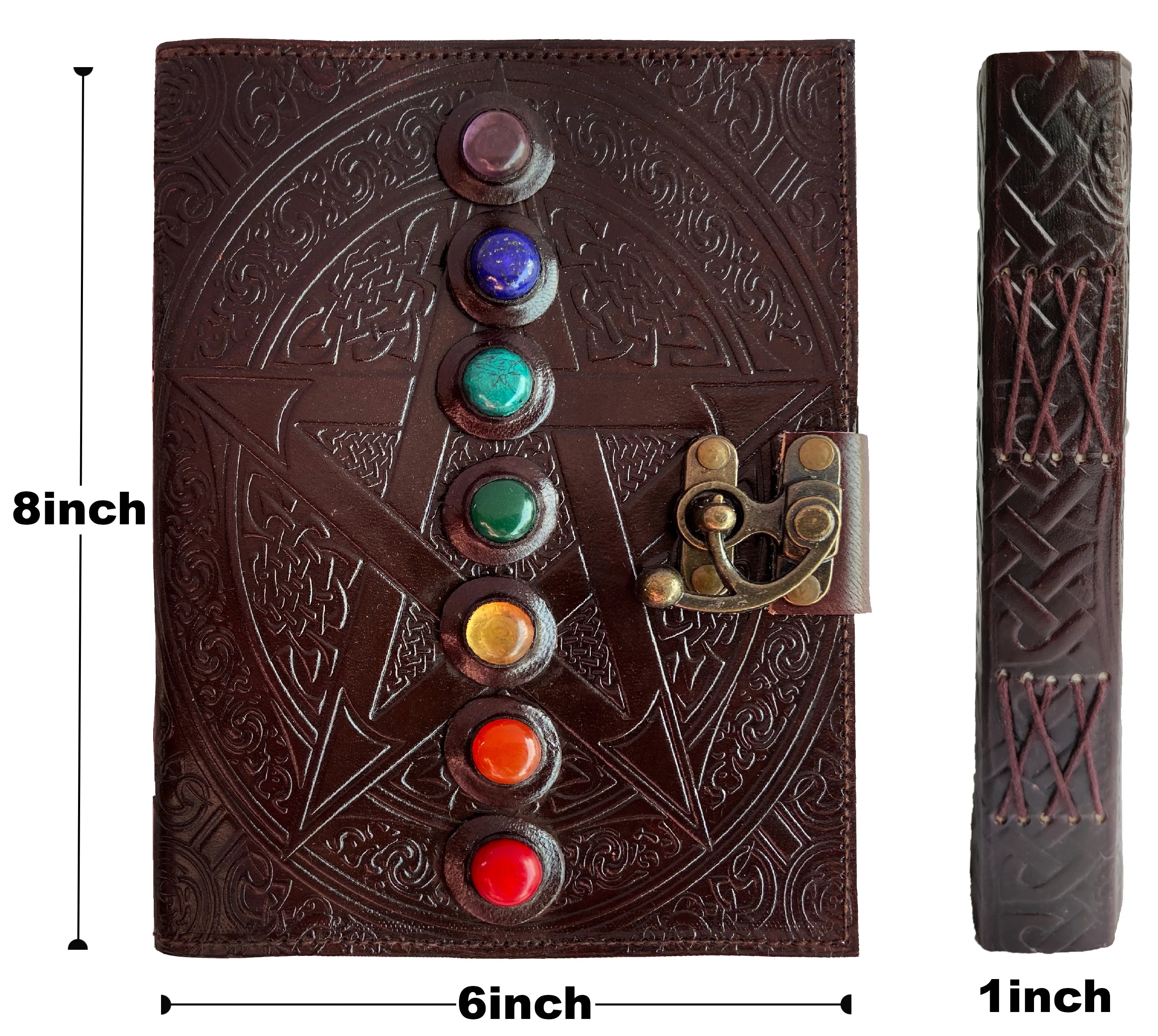 Vintage Leather Bound Journal with Lock - 7 Stone Embossed Design, Book of Shadows & Witchcraft Diary - Perfect for Wiccan Rituals, Spell Casting & Gothic Gift Giving