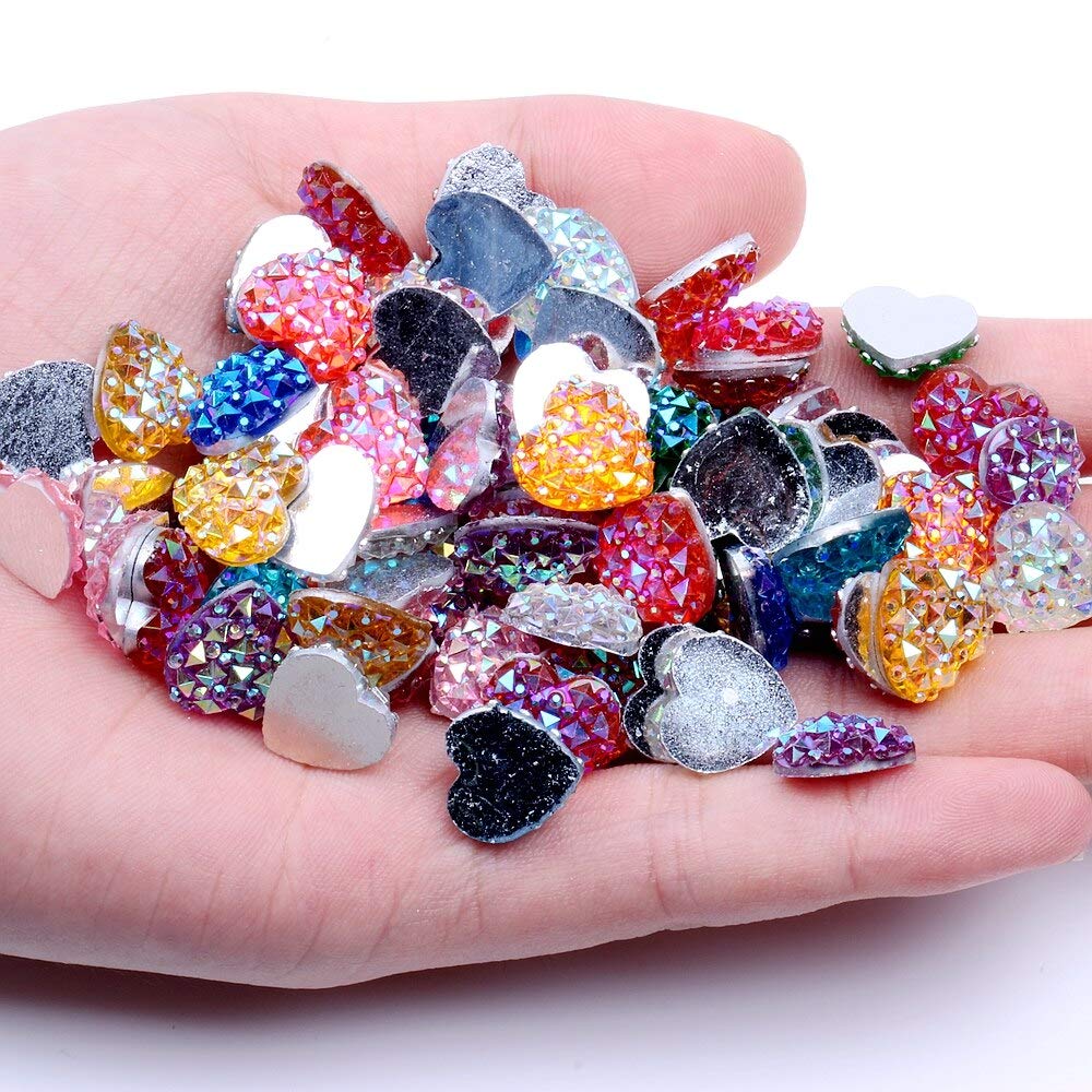 200pcs 12mm AB Color Flatback Heart Rhinestones - DIY Craft, Wedding Dress, Scrapbook Decor - Mixed Multicolor Resin Beads for Jewelry Making & Costume Embellishment