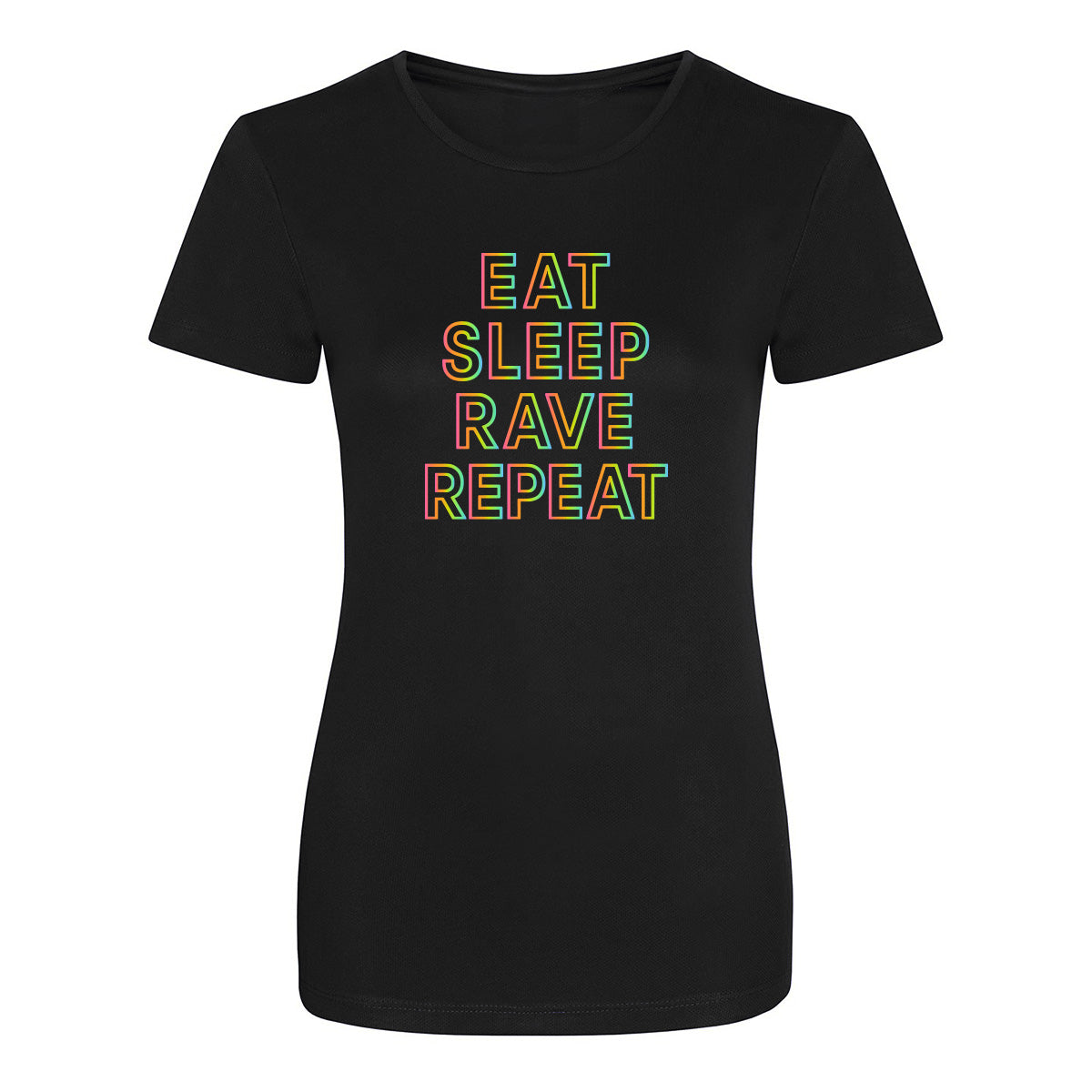Eat Sleep Rave Repeat Graphic Tech T-Shirt - Comfortable & Stylish for Rave Parties, Music Festivals & Casual Wear