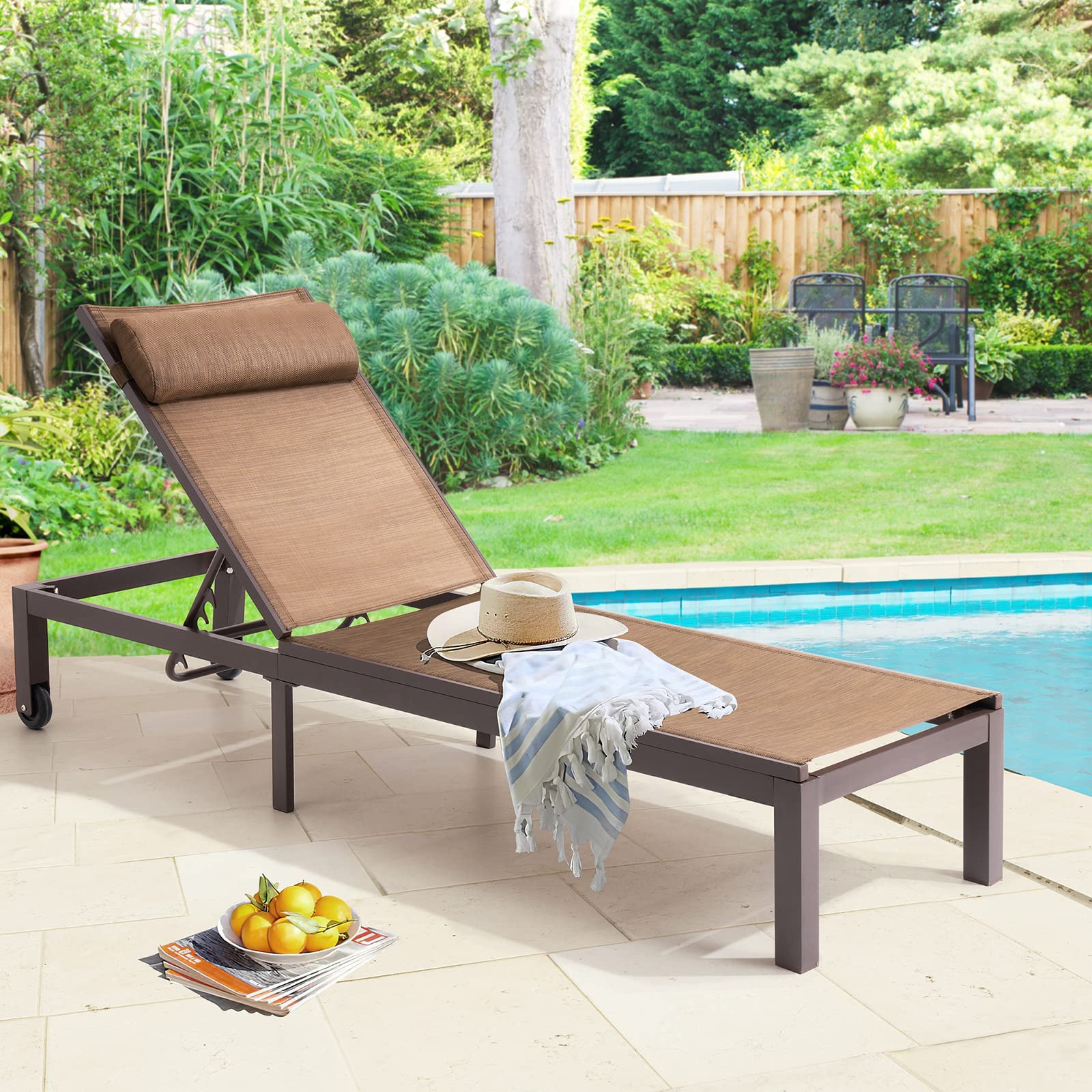 **Crestlive Adjustable Aluminum Patio Chaise Lounge Chair with Headrest & Wheels – 6-Position Recliner for Poolside, Beach, Yard – All-Weather Outdoor Furniture for Relaxation & Sunbathing**