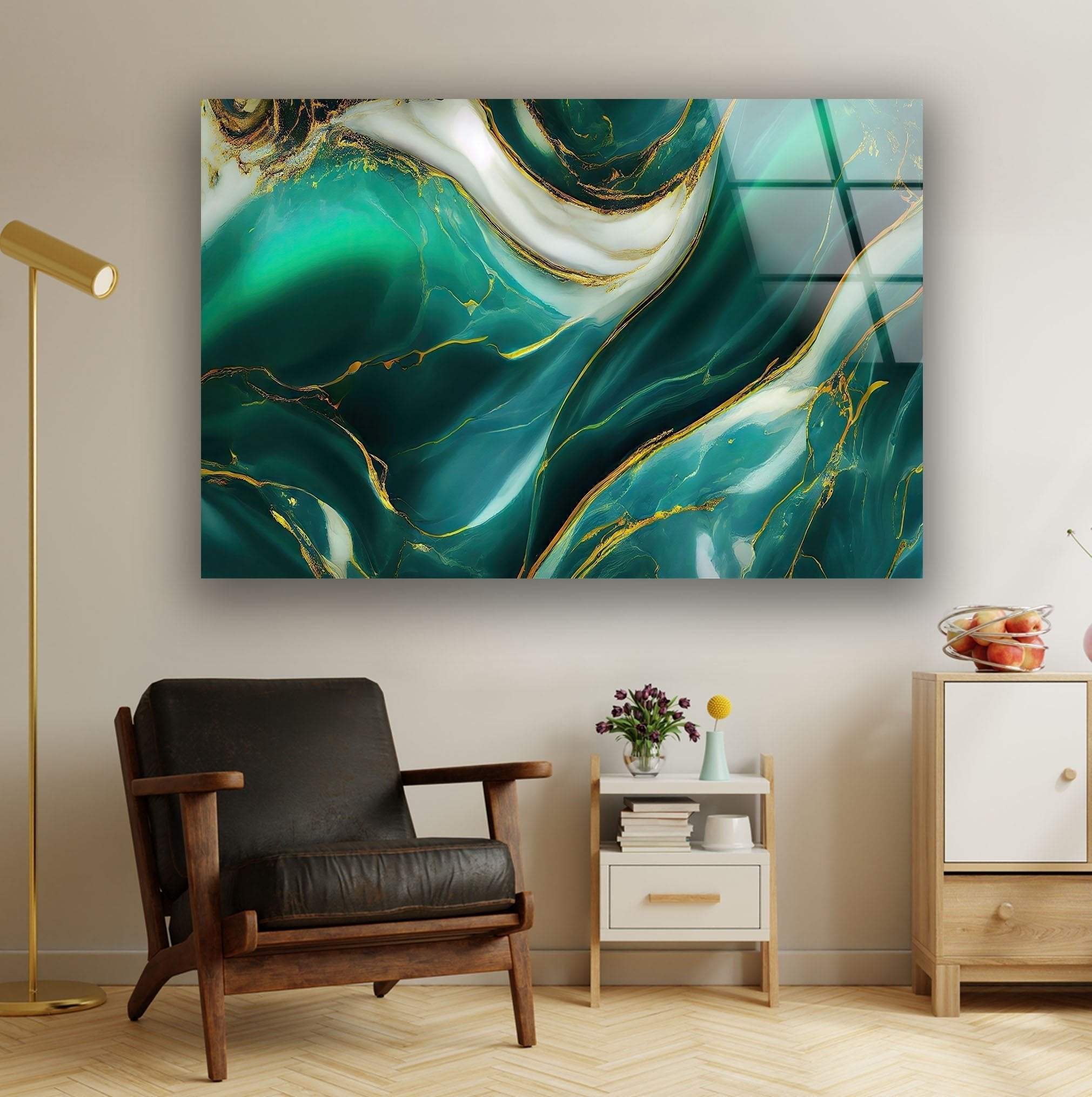 Abstract Green Marble Glass Wall Art - Modern Home Decor for Living Room, Bedroom & Office - Handmade Glass Mosaic Artwork - Unique Gift Idea for Housewarming & Wedding