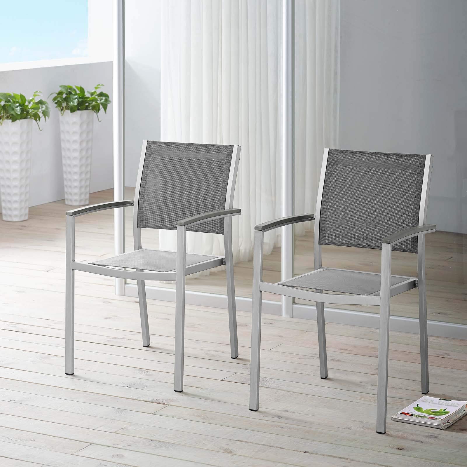 Modern Outdoor Patio Dining Chairs Set - 2 Pack Aluminum Alloy Bistro Chairs with Cushion, Rust-Resistant Steel Frame in Gray - Perfect for Balcony, Garden, Poolside & Cafe Seating