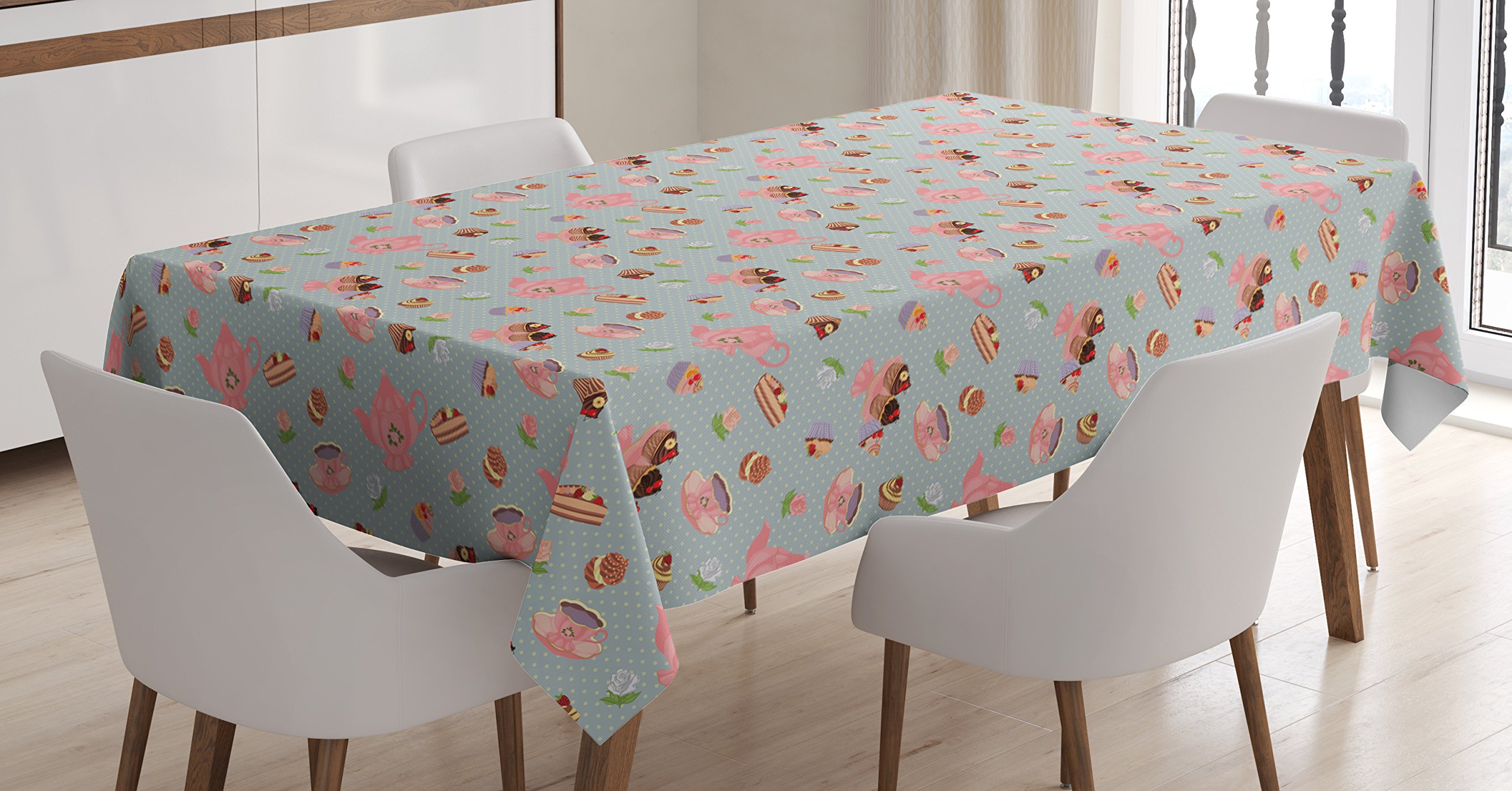 Ambesonne British Tea Party Tablecloth - Vintage Cupcakes, Cookies & Floral Design on Polka Dot Background - 60x84 Inch Rectangular Table Cover for Dining Room & Kitchen - Perfect for Afternoon Tea, Bridal Showers & Garden Parties (Multicolor)