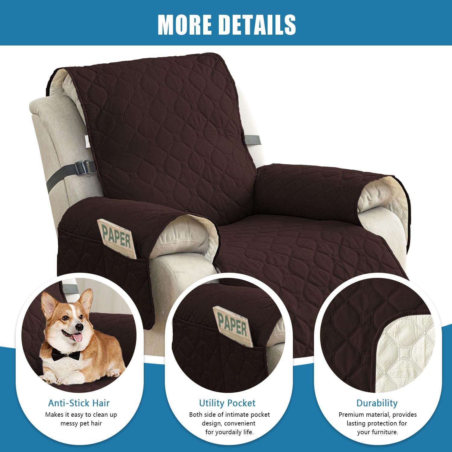 100% Waterproof Non-Slip Recliner Sofa Slipcover - Washable Pet-Friendly Chair Cover with Elastic Straps, Furniture Protector for Reclining Chairs (Chocolate, 23