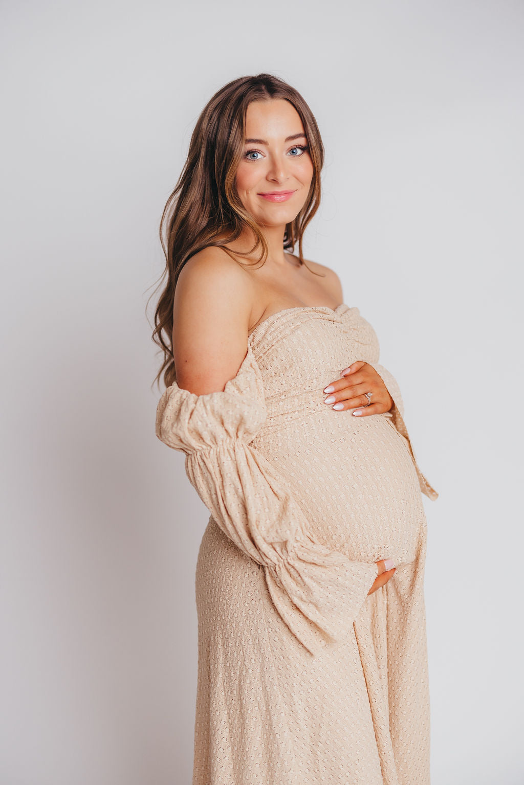 Corrine Tiered Sleeve Maxi Dress with Pockets - Bump Friendly Maternity Dress in Beige | Perfect for Pregnancy, Nursing, and Special Occasions