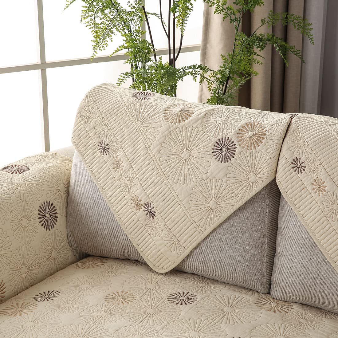 VCTOPS Reversible Embroidered Cotton Sofa Cover - Soft Quilted Washable Slipcover for Sectional Couches - 36