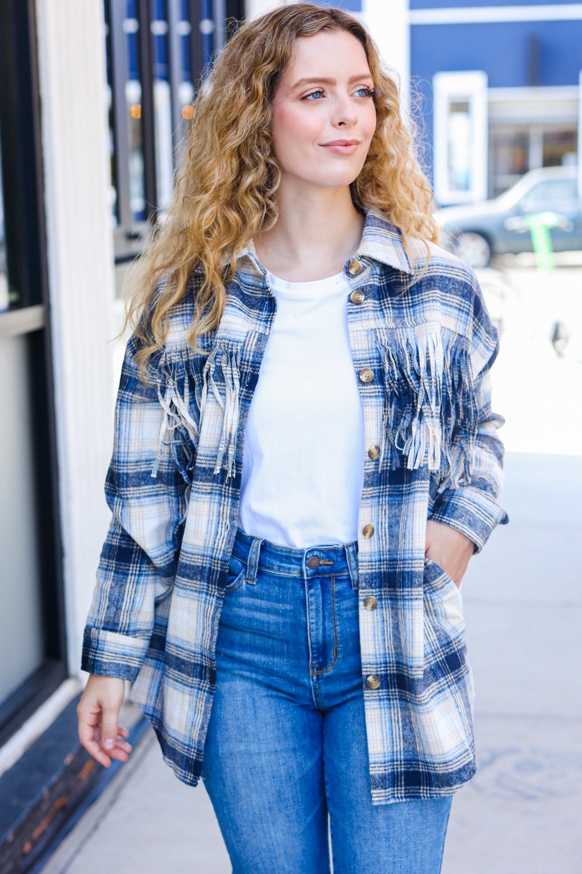 Boldly You Navy Plaid Fringe Button Down Shacket - Stylish Overshirt for Women | Fall & Winter Layering Essential | Perfect for Casual Outings, Workwear & Outdoor Adventures