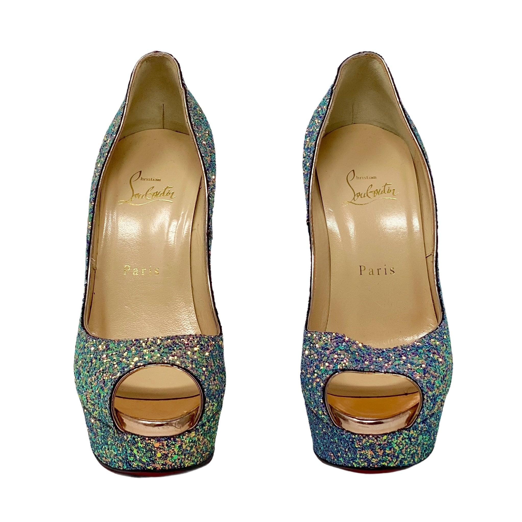 Christian Louboutin Dragonfly Glitter Lady Peep Pumps Size 38.5 - Luxury High Heels for Women, Perfect for Evening Parties, Weddings & Special Occasions
