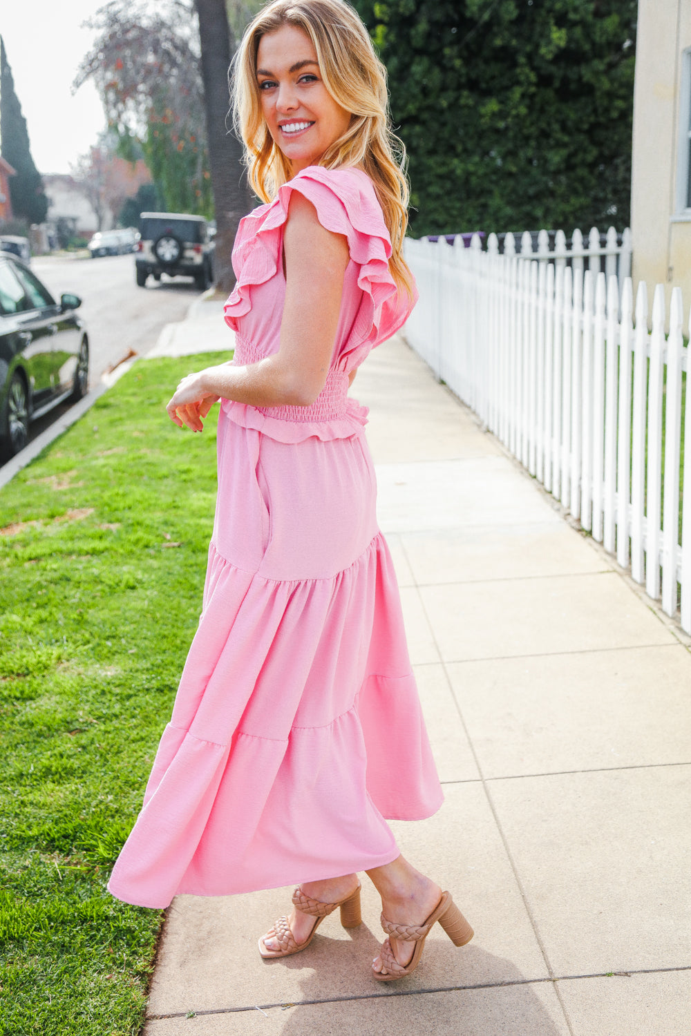 Elegant Pink Double Flutter Sleeve Smocked Waist Maxi Dress for Women | Summer Beach Wedding Party Dress