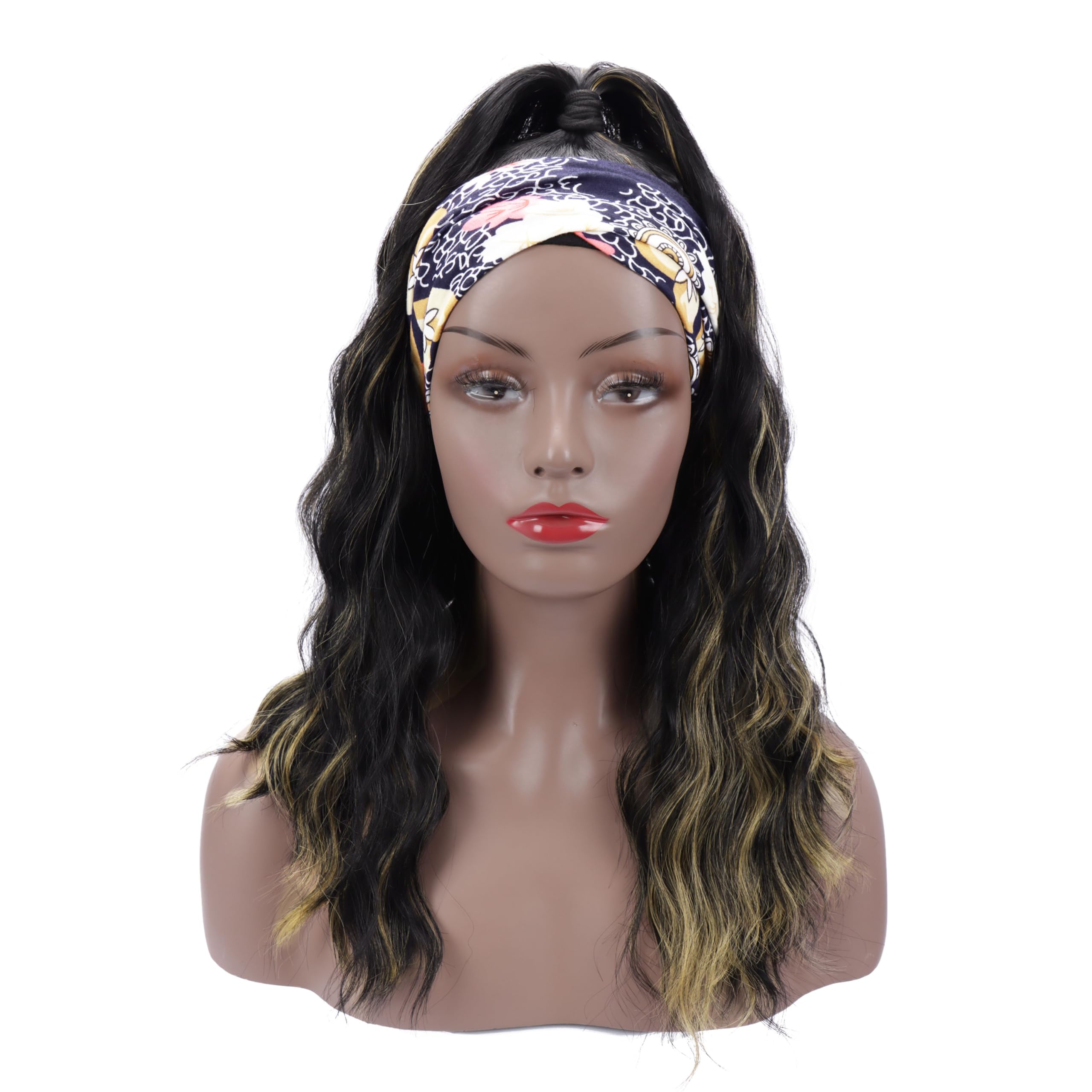 Colorful Queen Glueless Headband Wig - 16inch Synthetic Long Black Body Wave Wig for Black Women | Heat Resistant 180% Density (1B/H27#) | Natural Looking Wavy Hair for Daily Wear, Parties & Special Occasions