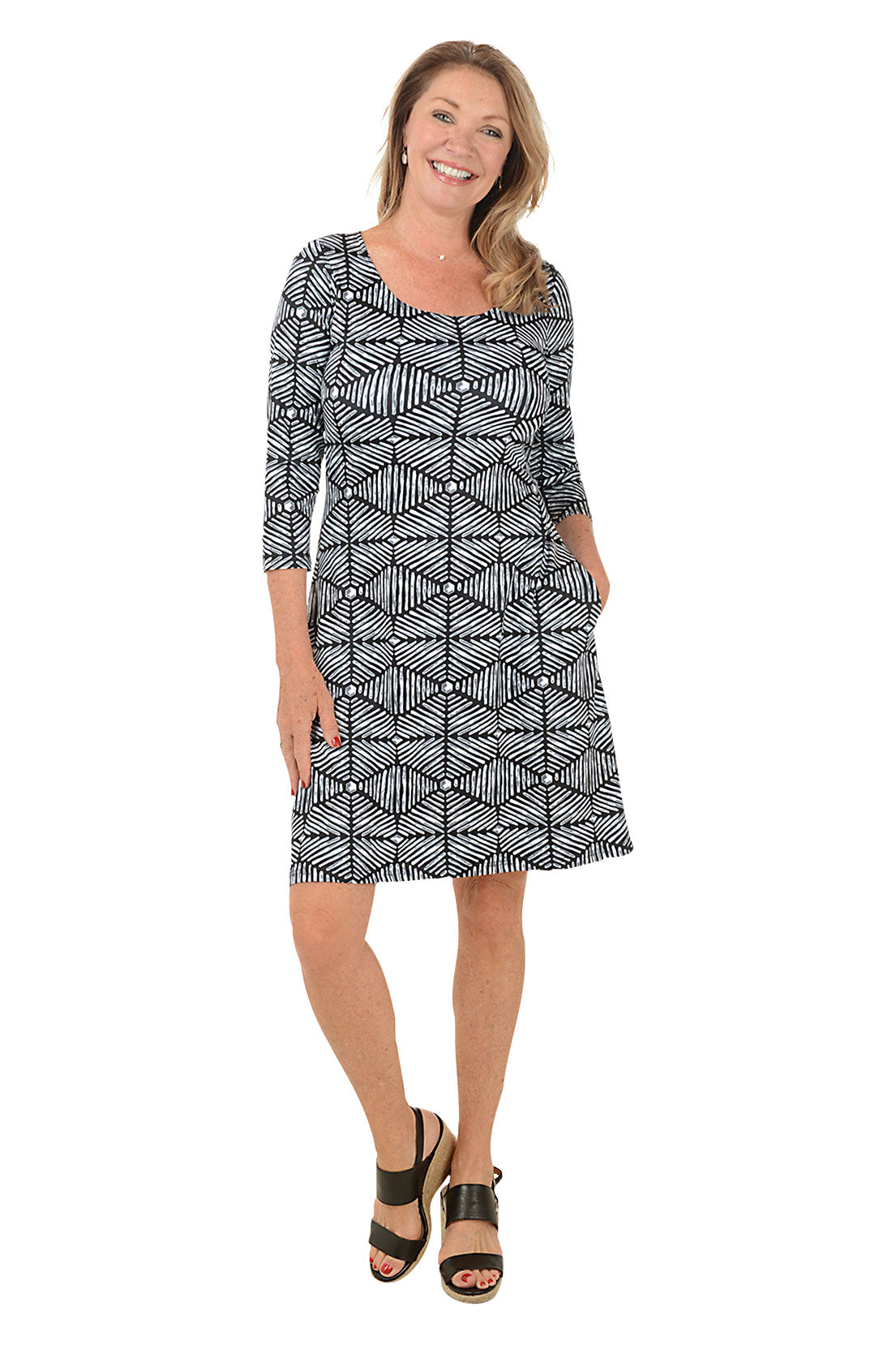 Soundwaves 3/4 Sleeve A-Line Dress for Women - Flattering Fit, Comfortable & Stylish - Perfect for Casual Outings, Office Wear & Special Occasions