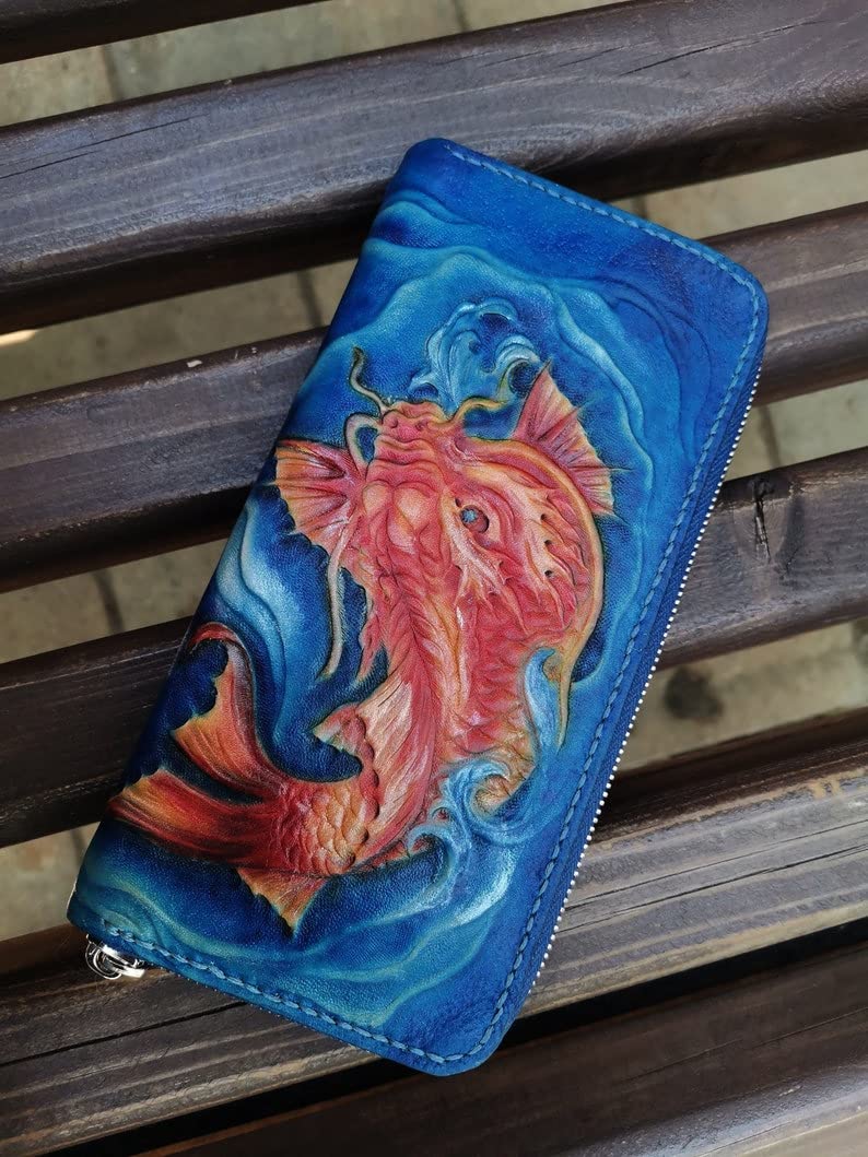 Handcrafted Genuine Leather Koi Fish Wallet - Long Biker Travel Wallet with Custom Carved & Painted Design - Personalized Embossed & Tooled Clutch for Men & Women - Perfect for Daily Use, Travel & Motorcycle Riders