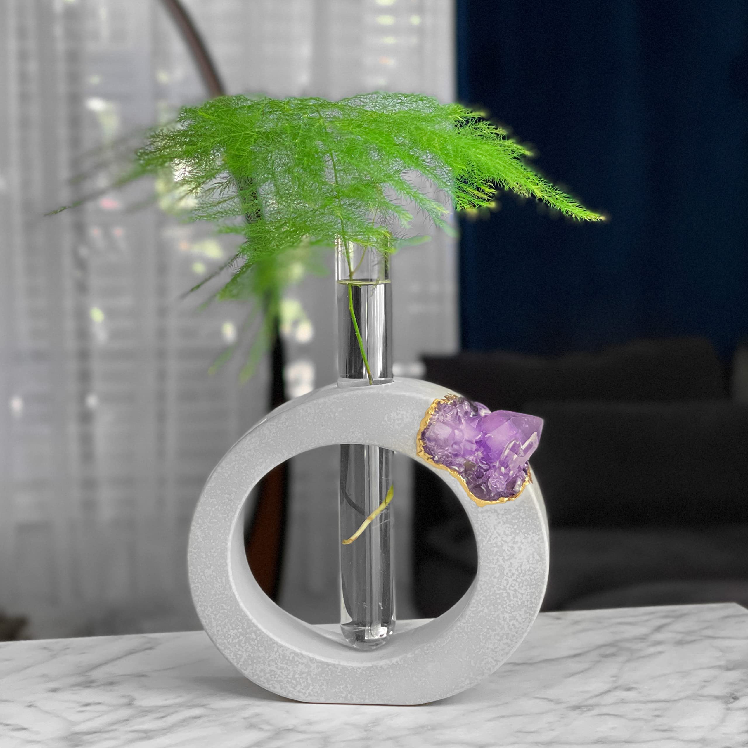 Amethyst Geode Planter - Glass Test Tube Plant Propagation Station for Hydroponics, Terrarium & Home Decor | Boho Office Gift, Crystal Stand & Flower Vase | Perfect for Indoor Gardening, Desk Decor & Zen Spaces