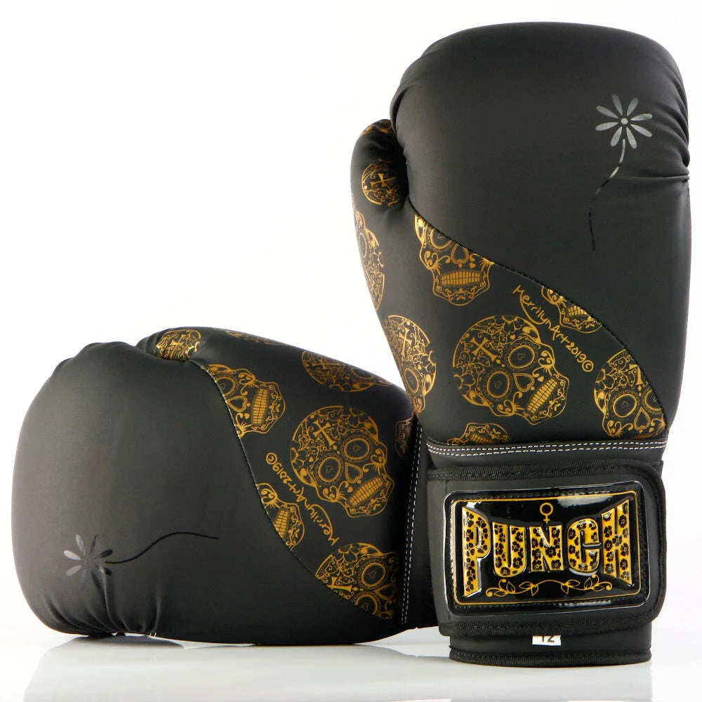 Premium 12oz Black Boxing Gloves with Urban Gold Skulls Design - Perfect for Training, Sparring, and Fitness Workouts