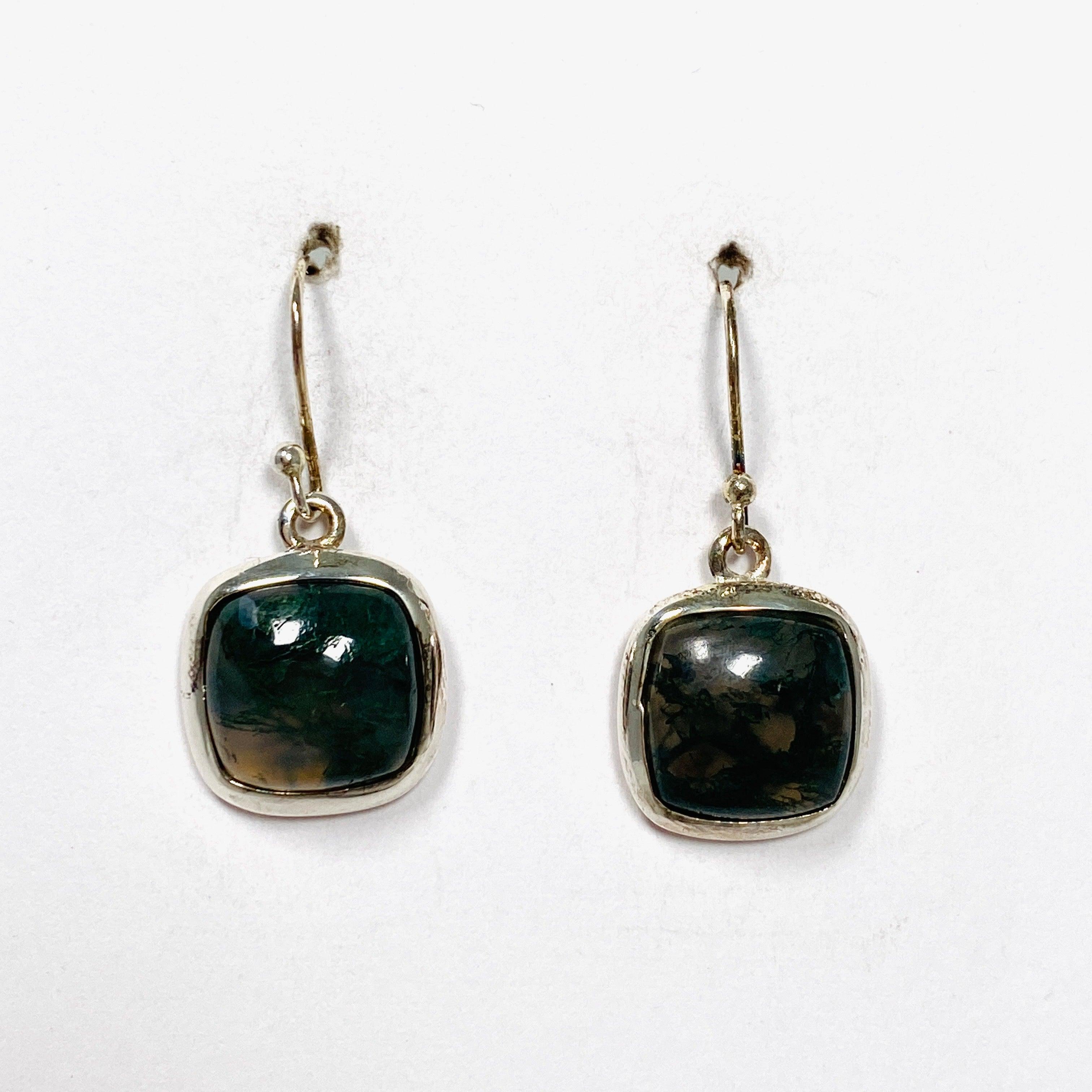 Natural Moss Agate Square Stud Earrings for Women - Hypoallergenic Sterling Silver 925 - Elegant Minimalist Jewelry for Daily Wear & Special Occasions